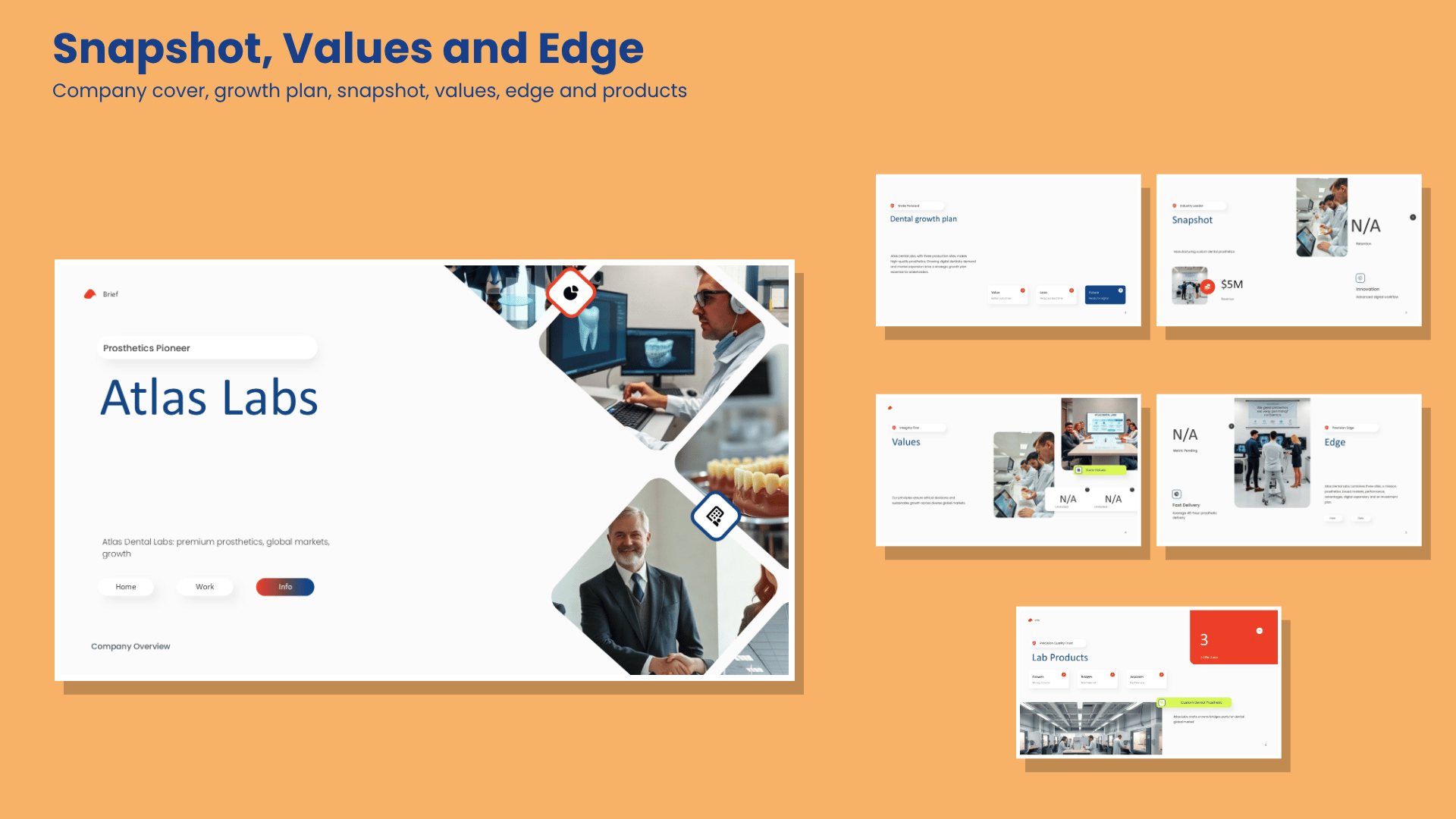 Six company overview slides covering company cover, growth plan, snapshot, values, edge and products
