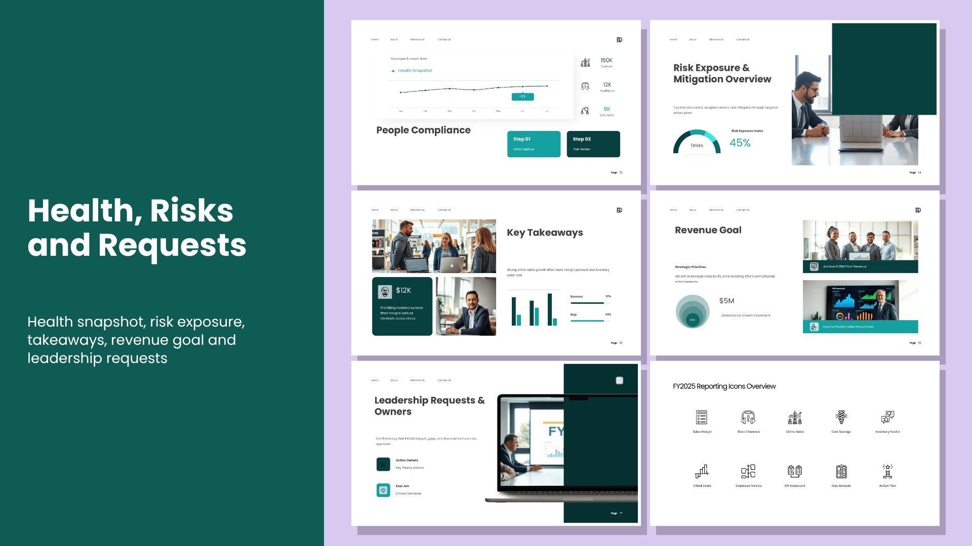 Six performance assessment slides covering health snapshot, risk exposure, takeaways, revenue goal and leadership requests