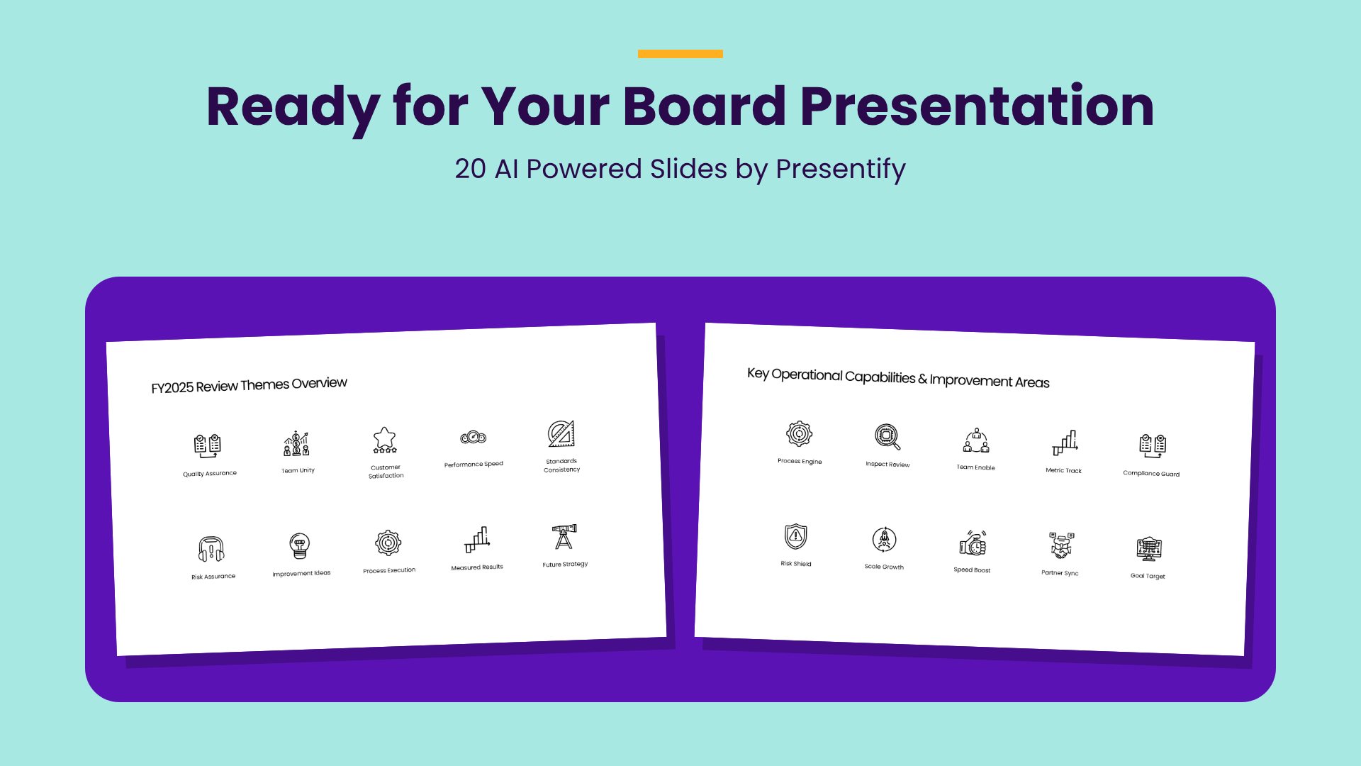 Closing slides with a review themes slide and a process engine slide, ready to present with Presentify AI