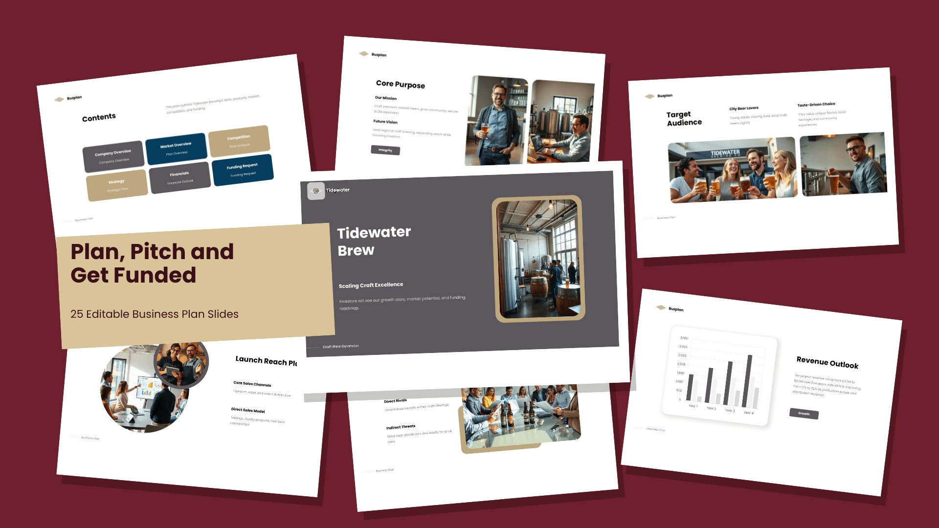 Business Plan PowerPoint template with 25 editable white, sand and navy slides for business plans and funding requests by Presentify