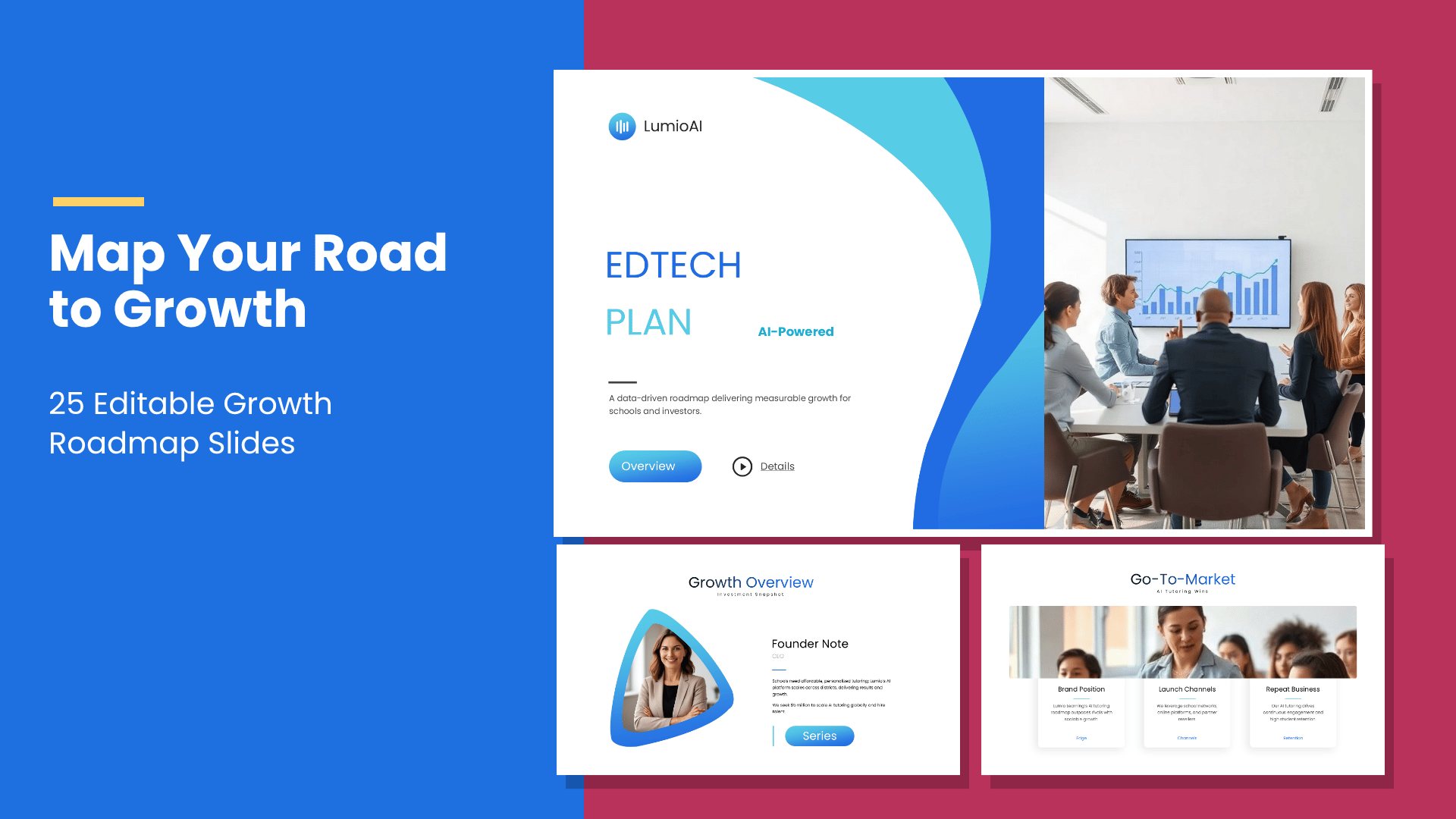 Business Plan Growth Roadmap PowerPoint template with 25 editable white and bright blue slides for business plans and growth roadmaps by Presentify