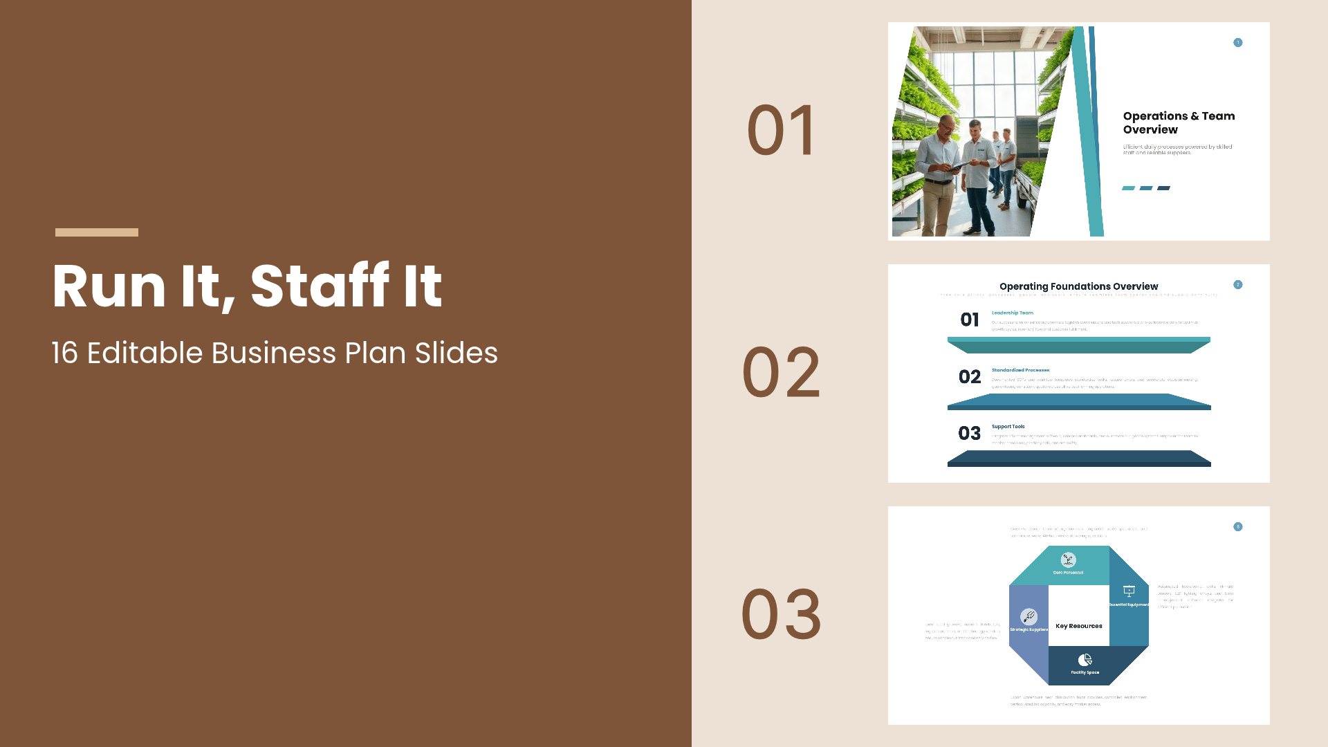 Business Plan Operations And Team Deck PowerPoint template with 16 editable white and blue slides for business plan operations and team by Presentify