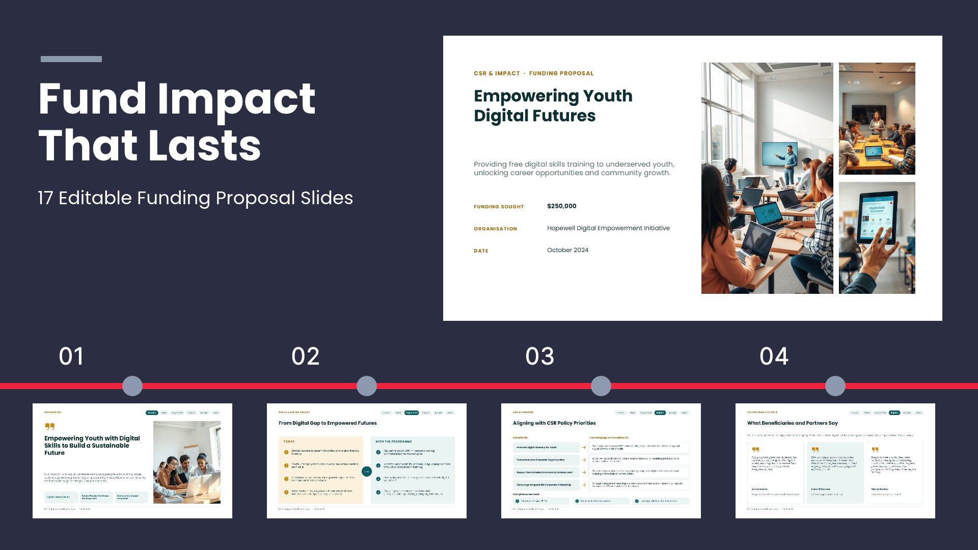 CSR & Impact Funding Proposal Deck PowerPoint template with 17 editable white and yellow slides for CSR and impact funding proposals by Presentify