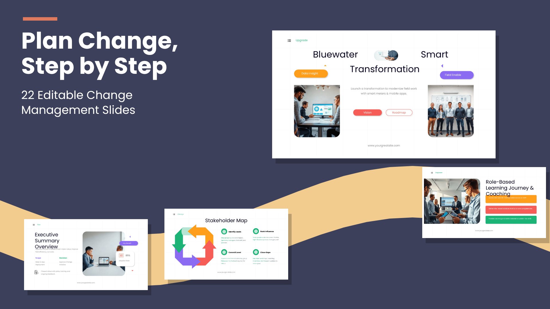 Change Management Plan PowerPoint template with 22 editable white with pastel accents slides for change management plans by Presentify