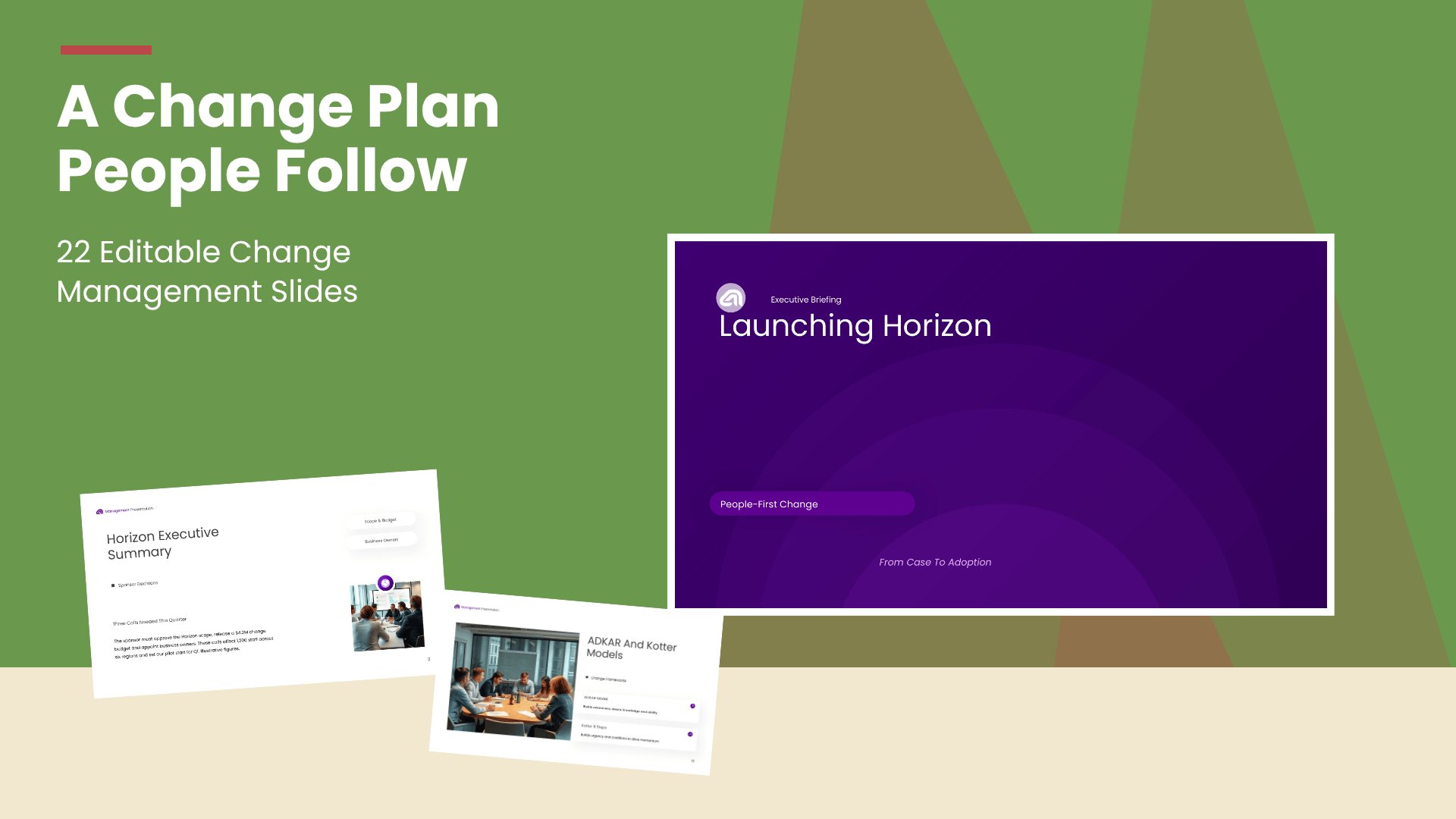 Change Management Plan PowerPoint template with 22 editable white and purple slides for rolling out new systems and ways of working by Presentify