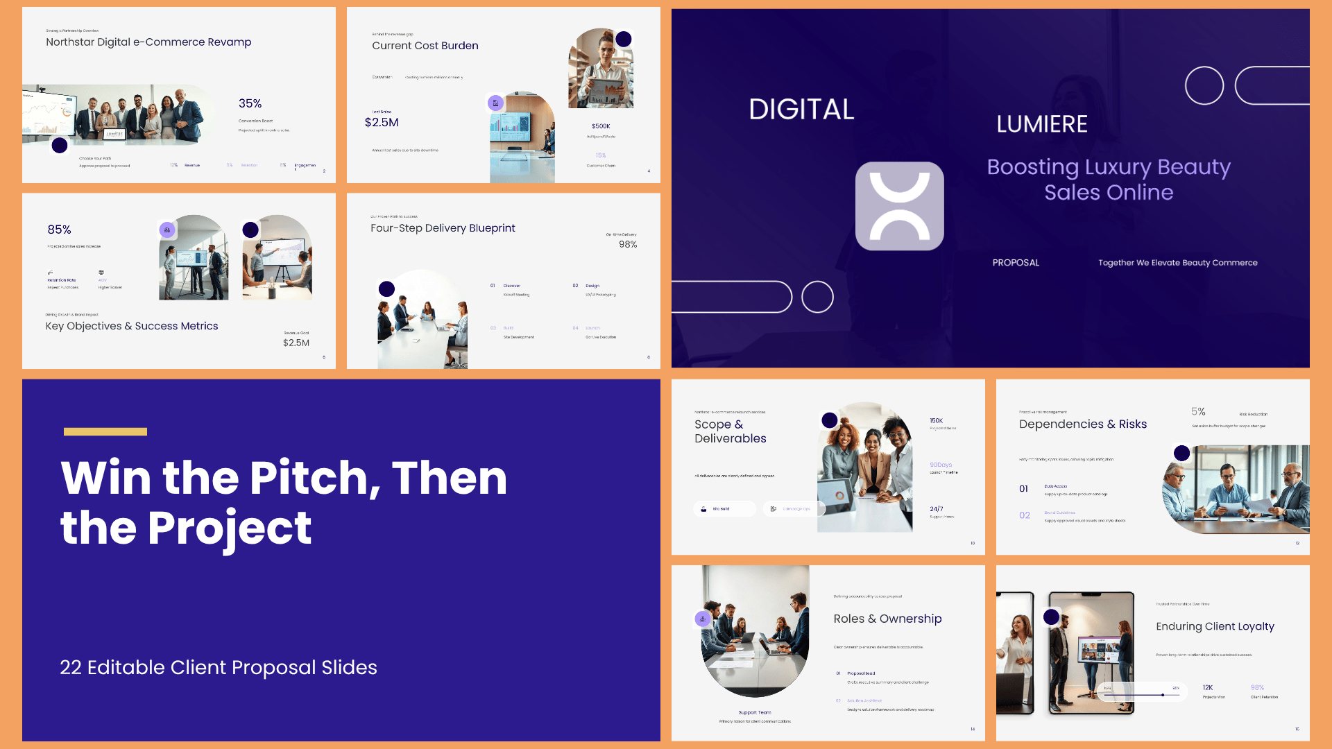Client Business Proposal PowerPoint template with 22 editable white and deep indigo slides for client proposals and pitches by Presentify