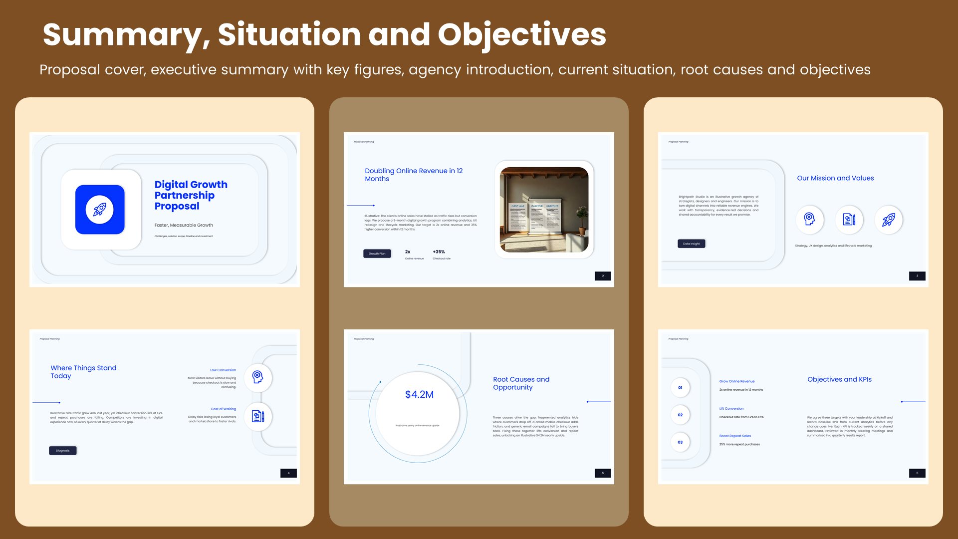 Six client proposal and project pitch slides covering proposal cover, executive summary with key figures, agency introduction and current situation