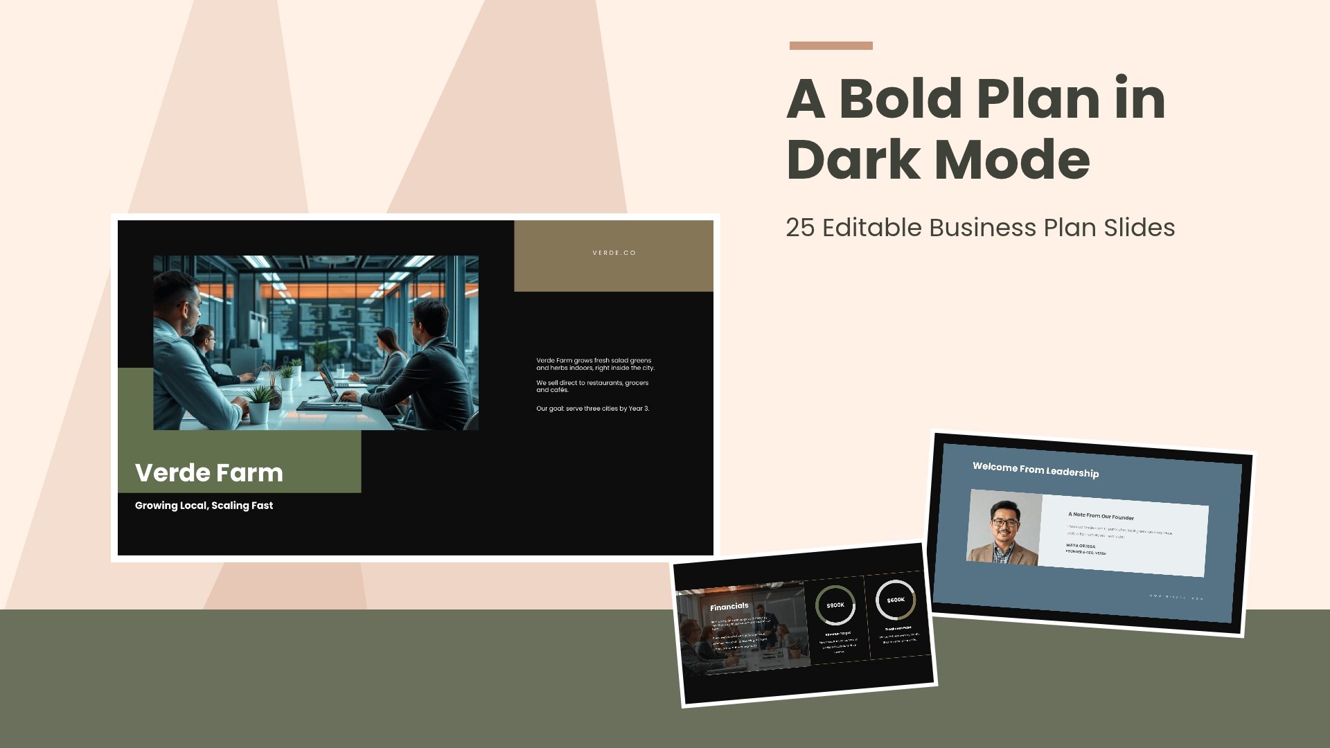 Dark Business Plan PowerPoint template with 25 editable dark charcoal slides for startup business plans by Presentify