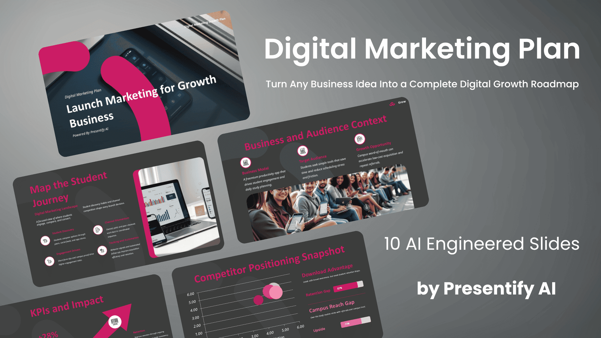 AI generated digital marketing plan presentation deck with strategy, audience, campaigns, and KPI slides.