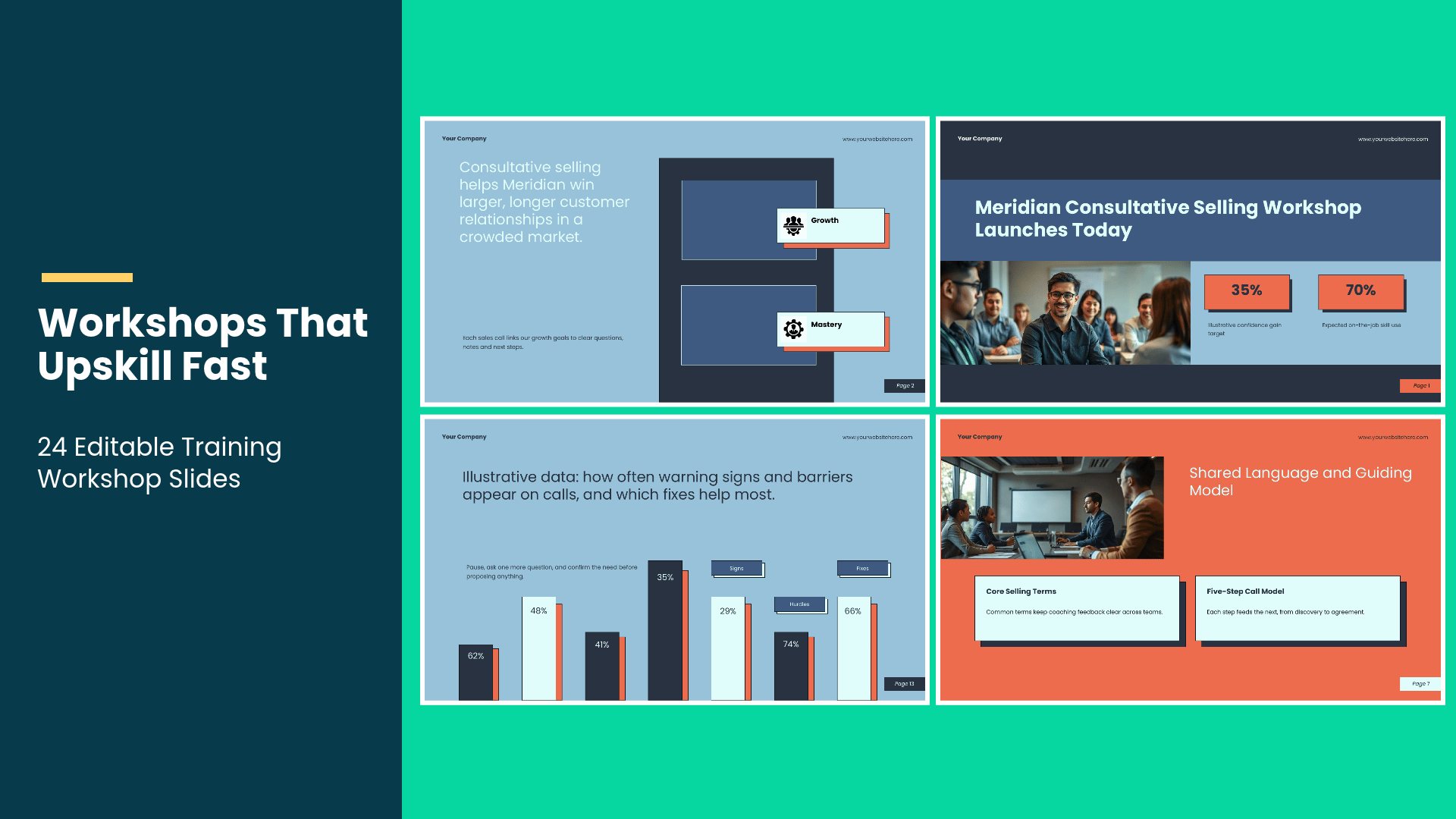 Employee Training Workshop PowerPoint template with 24 editable dark and orange slides for employee training workshops by Presentify
