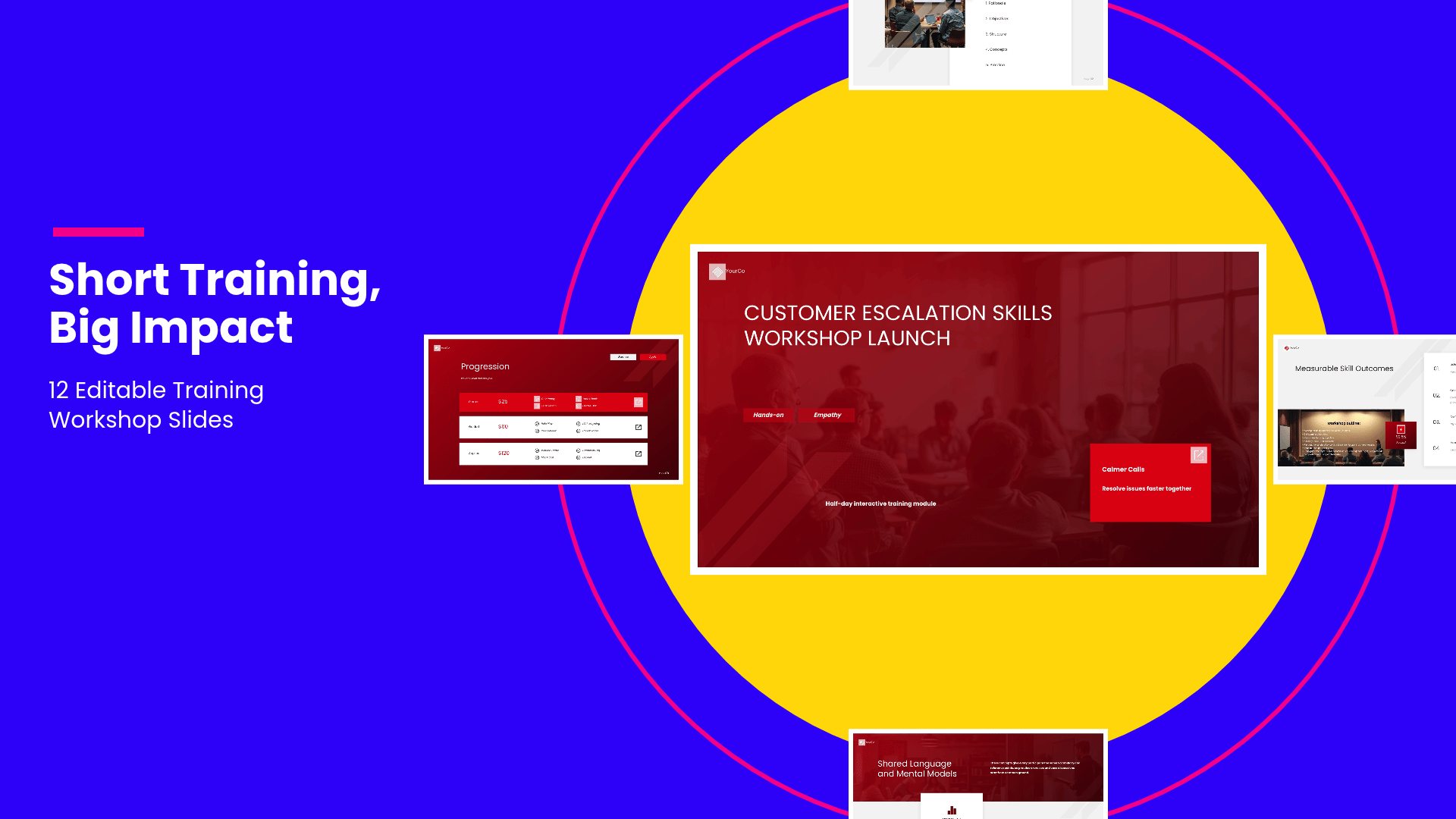 Employee Training Workshop PowerPoint template with 12 editable white and red slides for short training workshops by Presentify