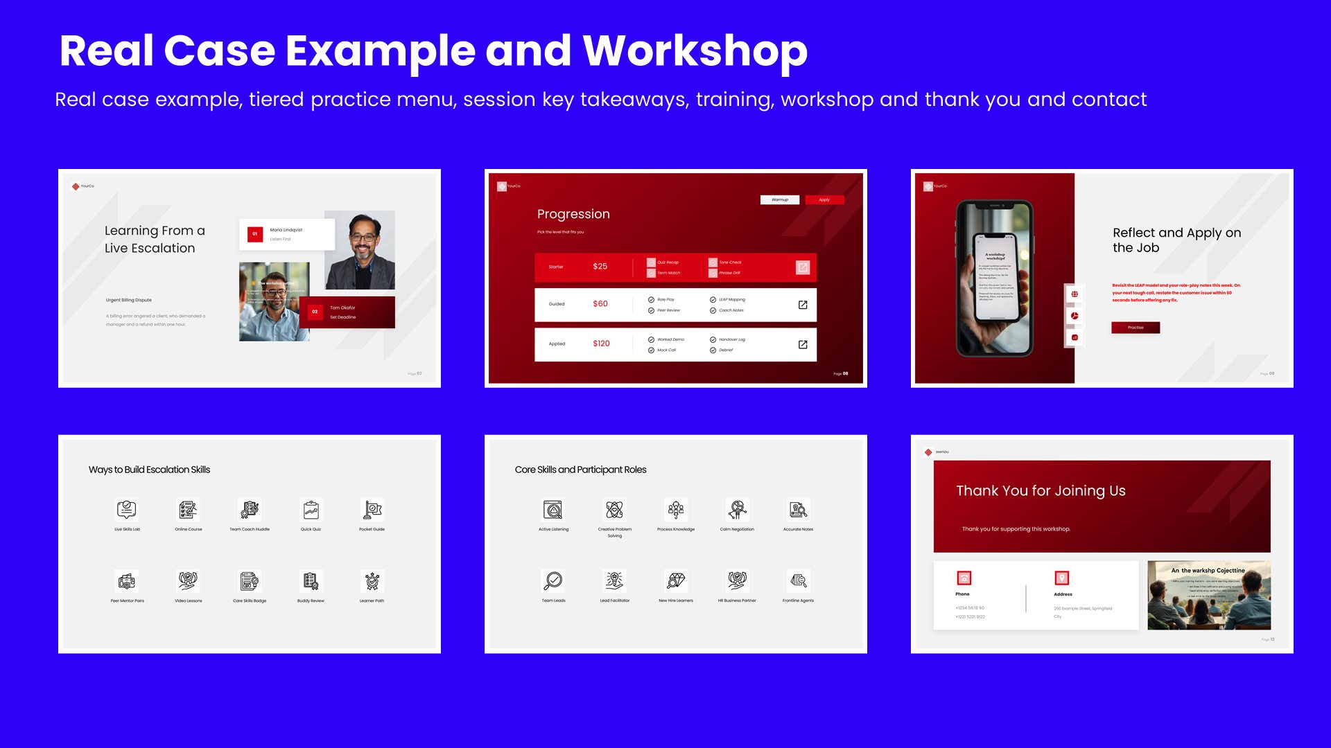 Six training workshop slides covering real case example, tiered practice menu, session key takeaways, training, workshop and thank you and contact
