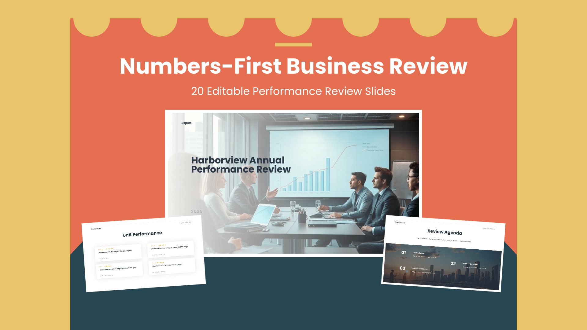 Finance Focus Business Performance Review PowerPoint template with 20 editable white and blue slides for financial performance reviews by Presentify