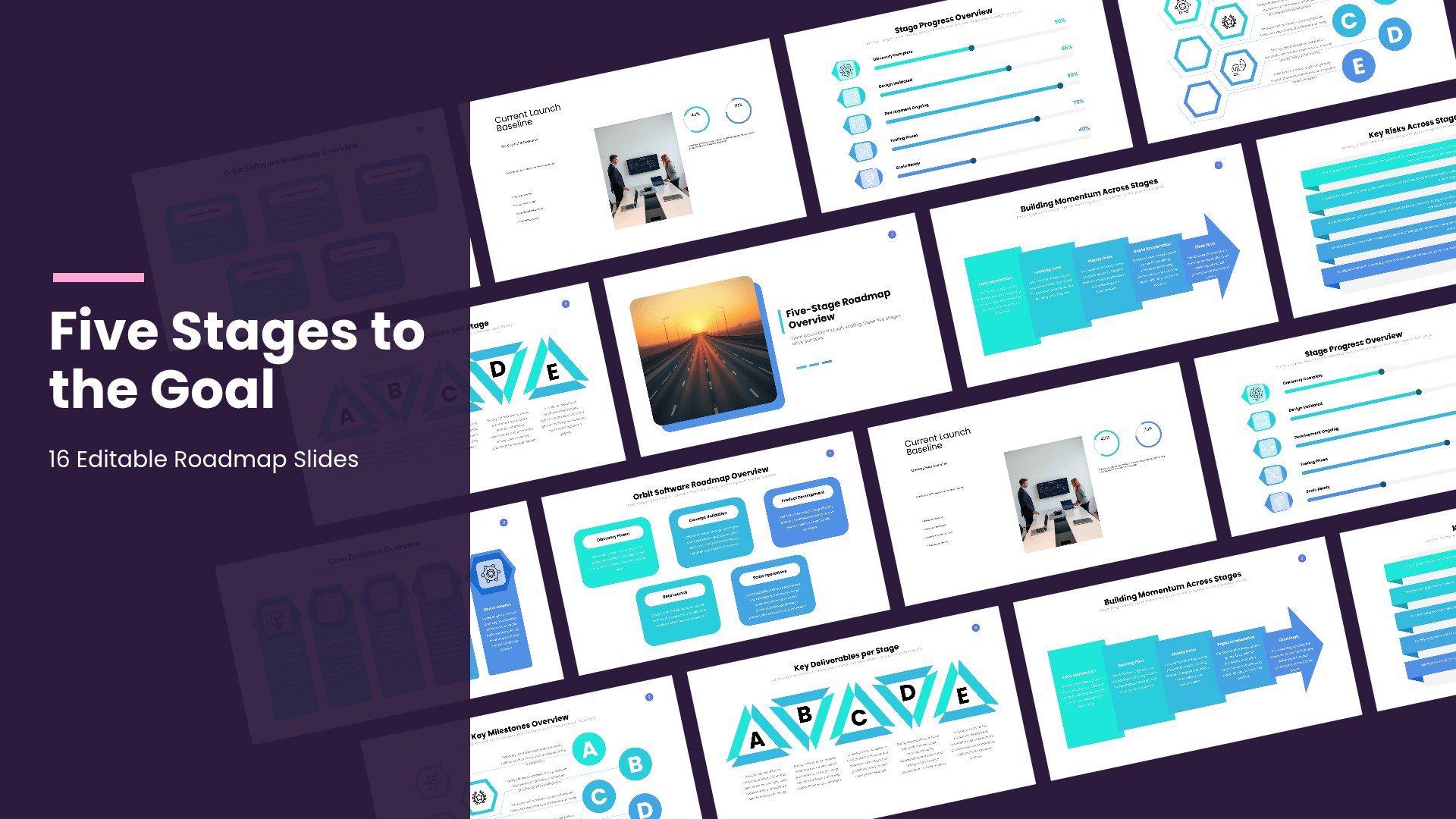 Five Stage Roadmap Deck PowerPoint template with 16 editable white and blue slides for five-stage roadmaps by Presentify