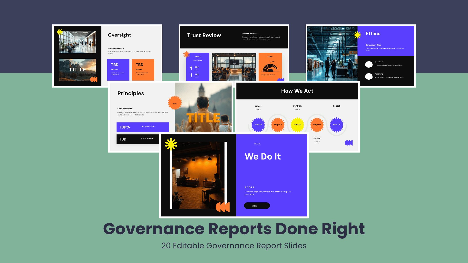 Governance and Leadership Report PowerPoint template with 20 editable dark and purple slides for governance and leadership reporting by Presentify