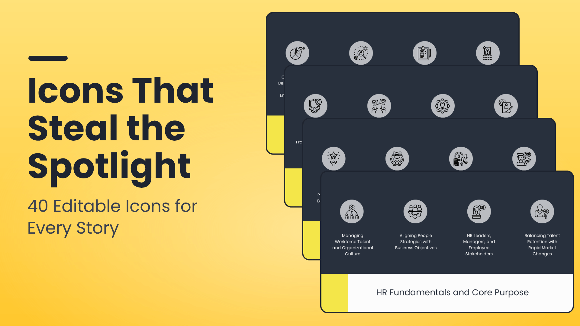 Bottom Title Accent icons PowerPoint template with 40 fully editable contextual icons across 10 AI powered slides by Presentify
