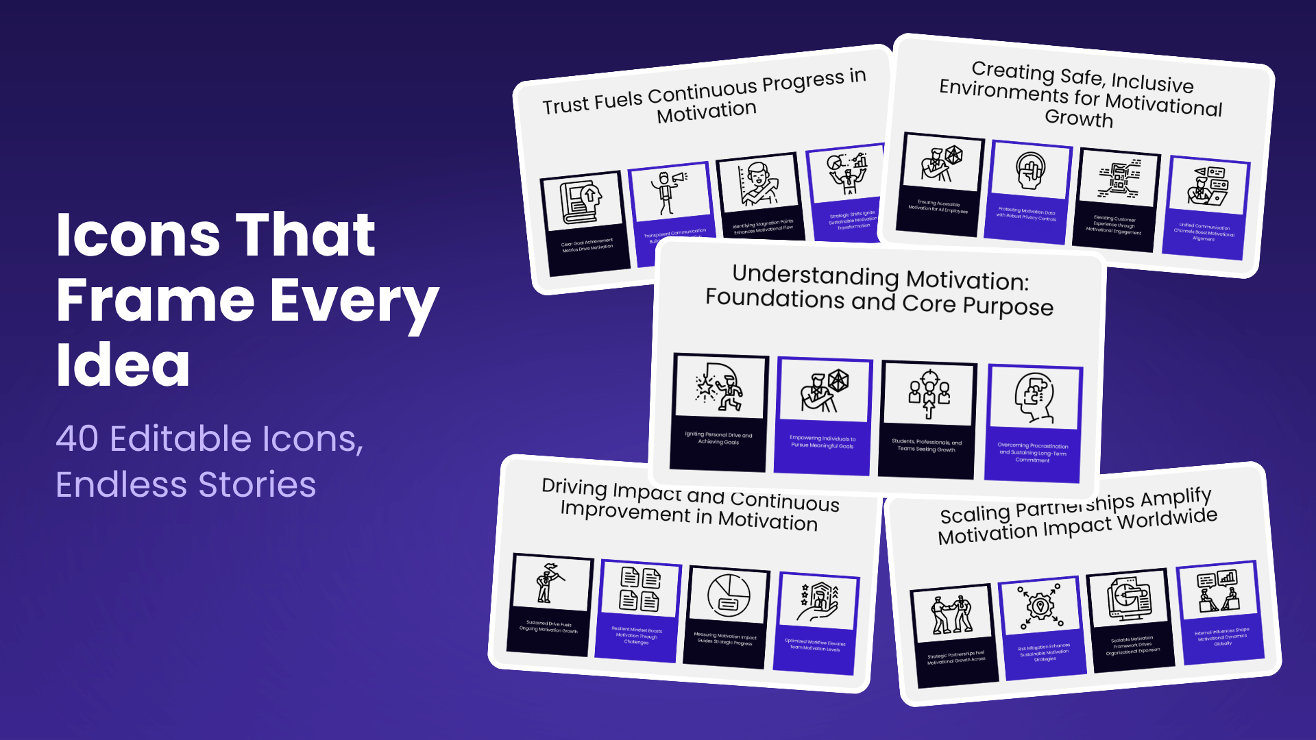 Framed Navy icons PowerPoint template with 40 fully editable line icons in navy and violet cards across 10 AI powered slides by Presentify