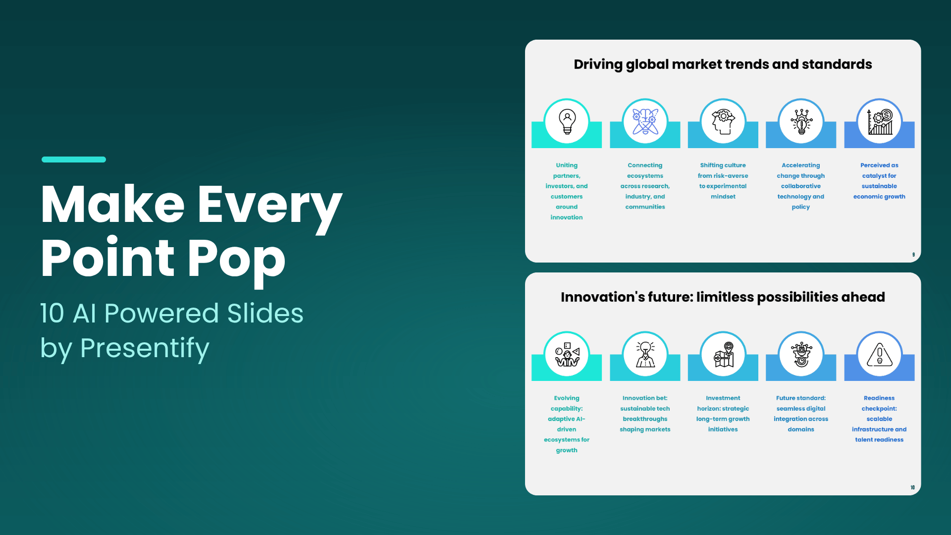 Two editable gradient ribbon icon slides for global influence and future possibilities, ready to use with Presentify AI