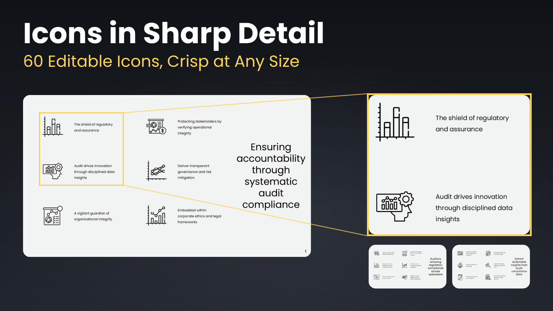 Stacked Side Title icons PowerPoint template with 60 fully editable line icons, shown with a zoomed close-up, across 10 AI powered slides by Presentify