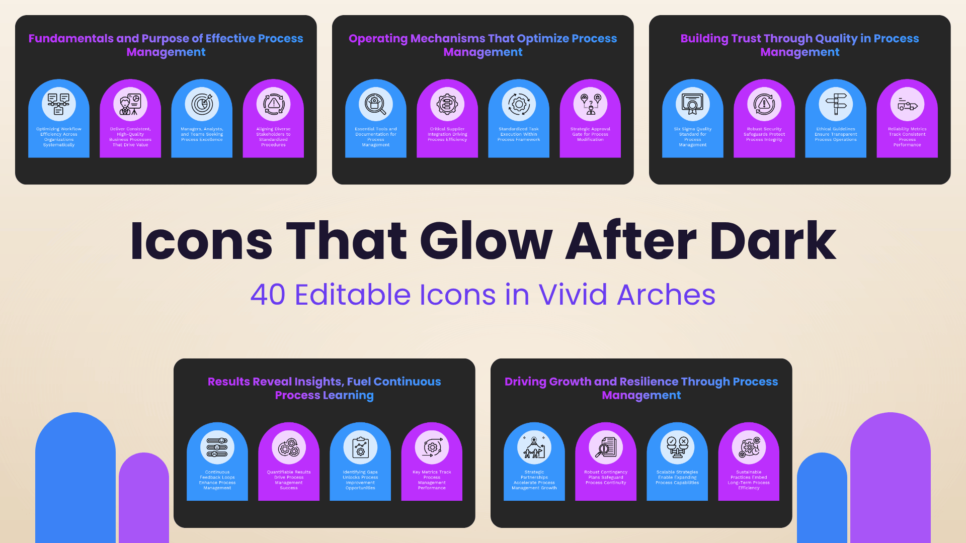 Vibrant Night icons PowerPoint template with 40 fully editable icons inside blue and purple arches on dark slides, 10 AI powered slides by Presentify