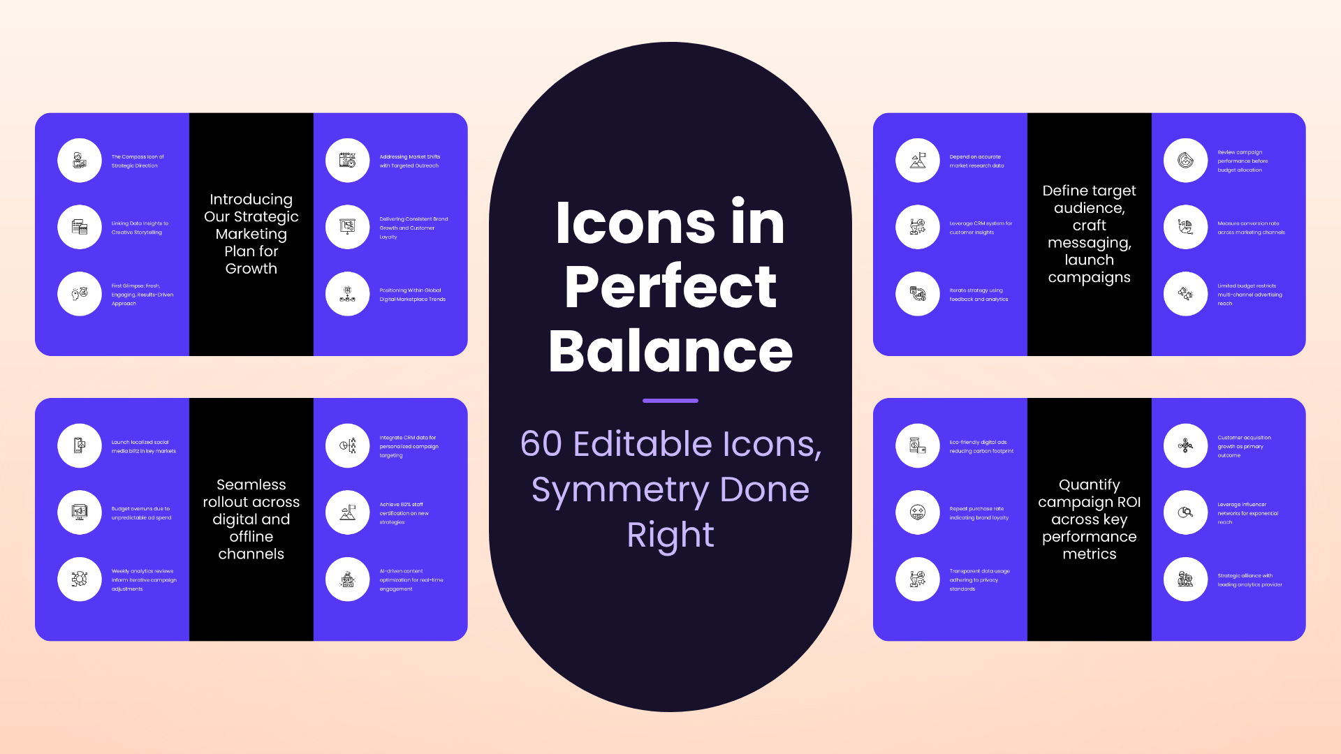 Violet Panels icons PowerPoint template with 60 fully editable white icons on violet and black split panels across 10 AI powered slides by Presentify
