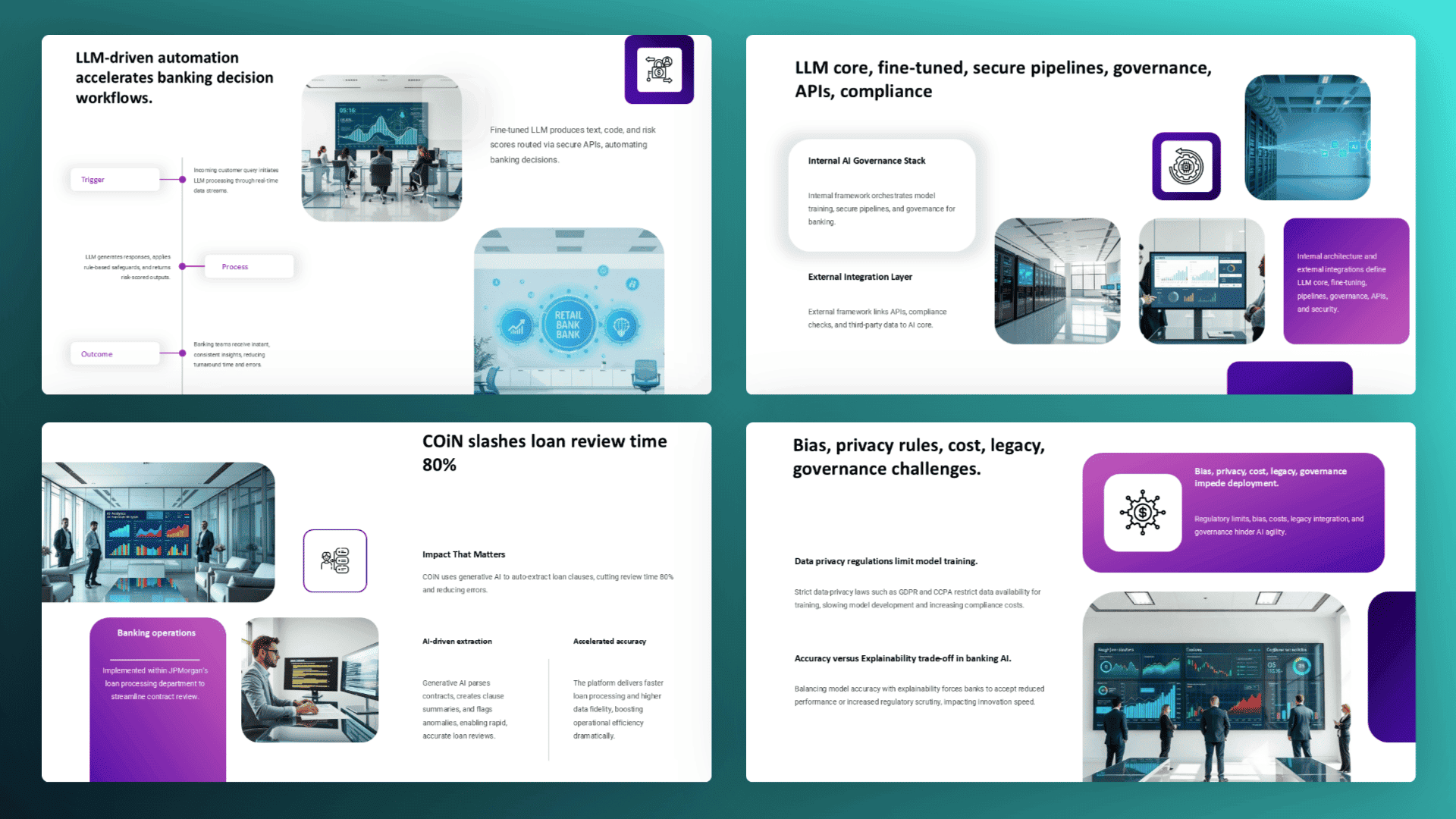 Structured analysis slides featuring frameworks, applications, constraints, risks, and industry insights.