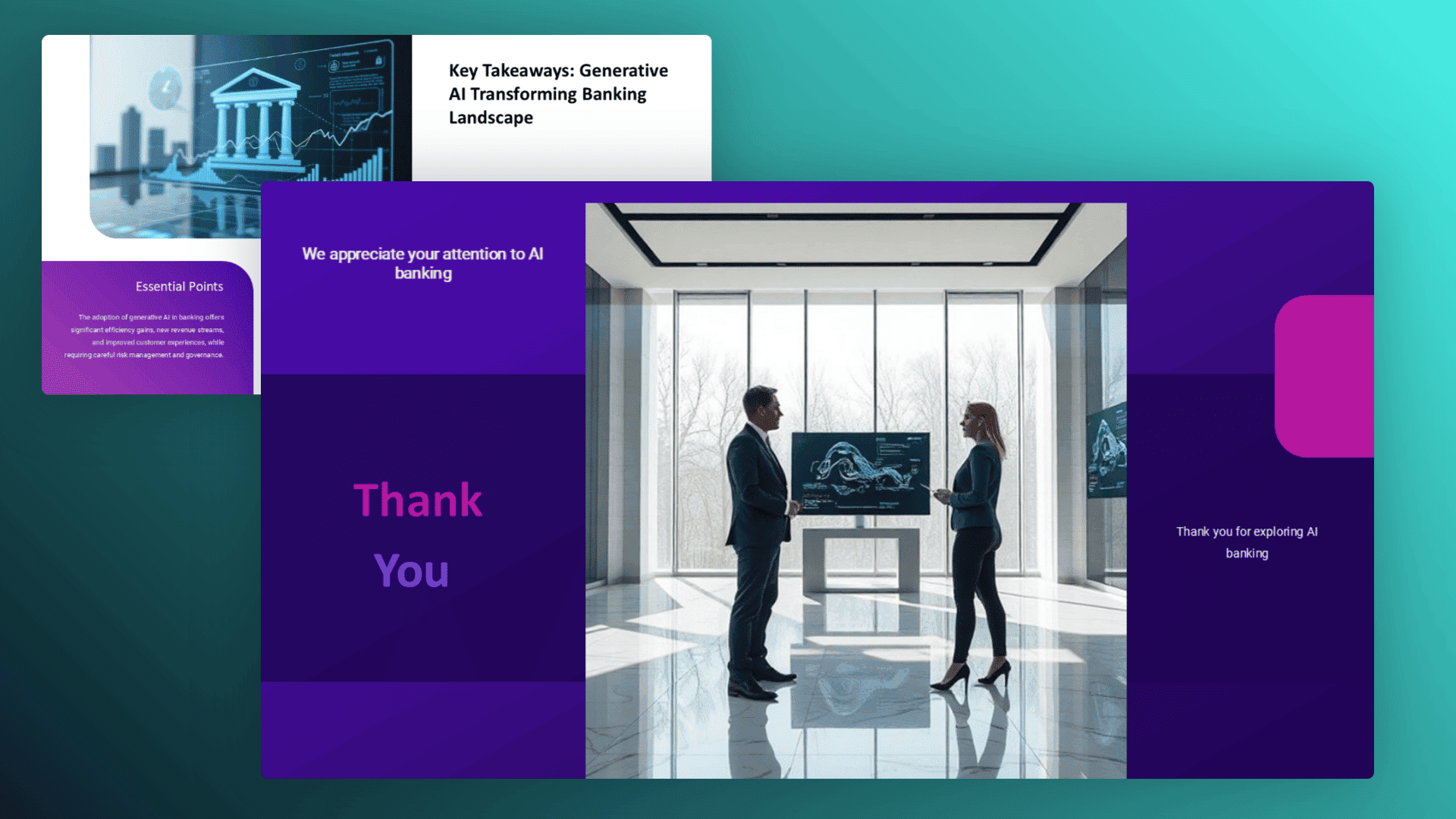 Topic Insights Blueprint closing slides with key takeaways, recommendations, and thank-you layout.