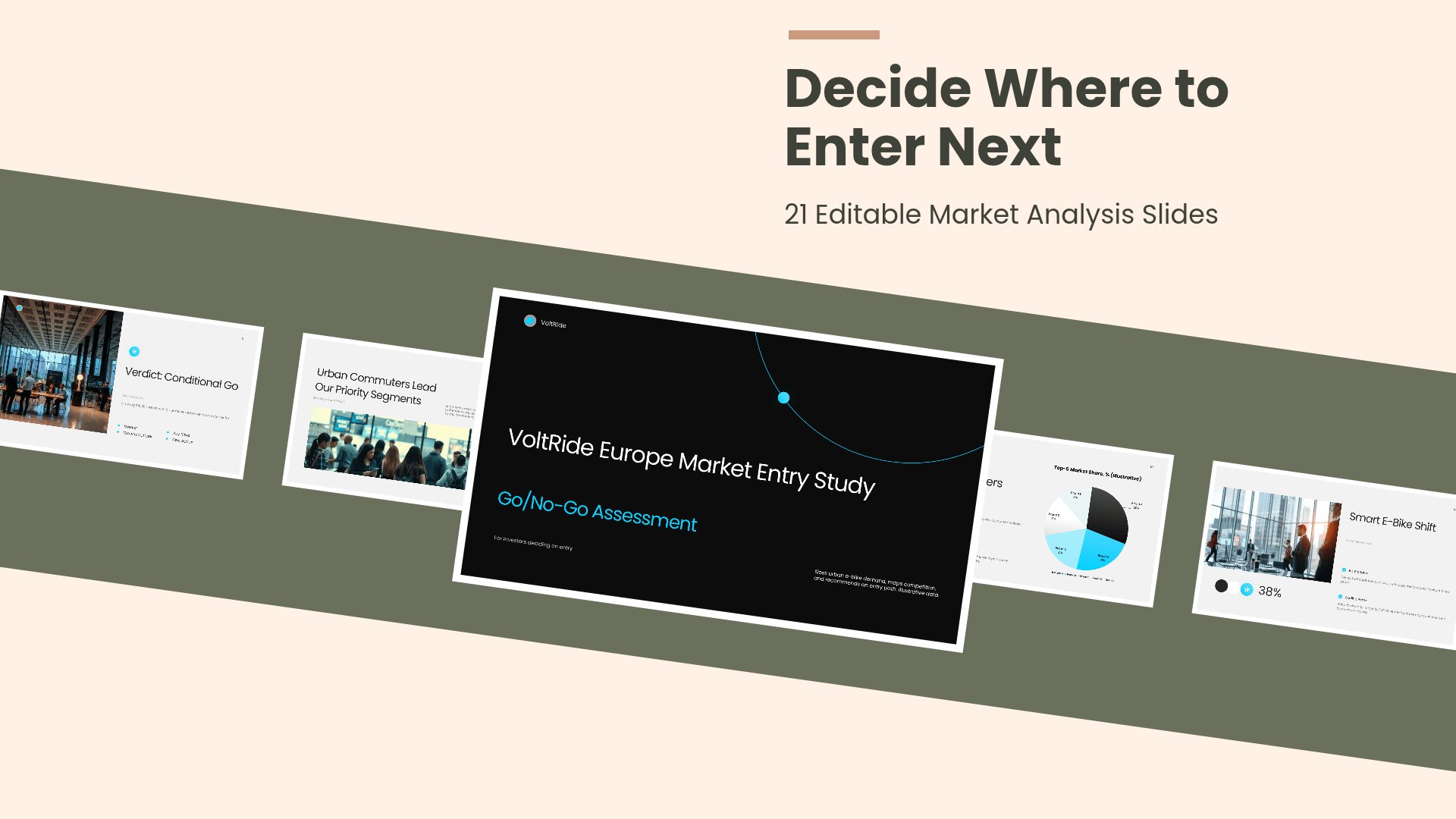 Market Analysis and Entry Decision PowerPoint template with 21 editable dark and blue slides for market entry decisions by Presentify
