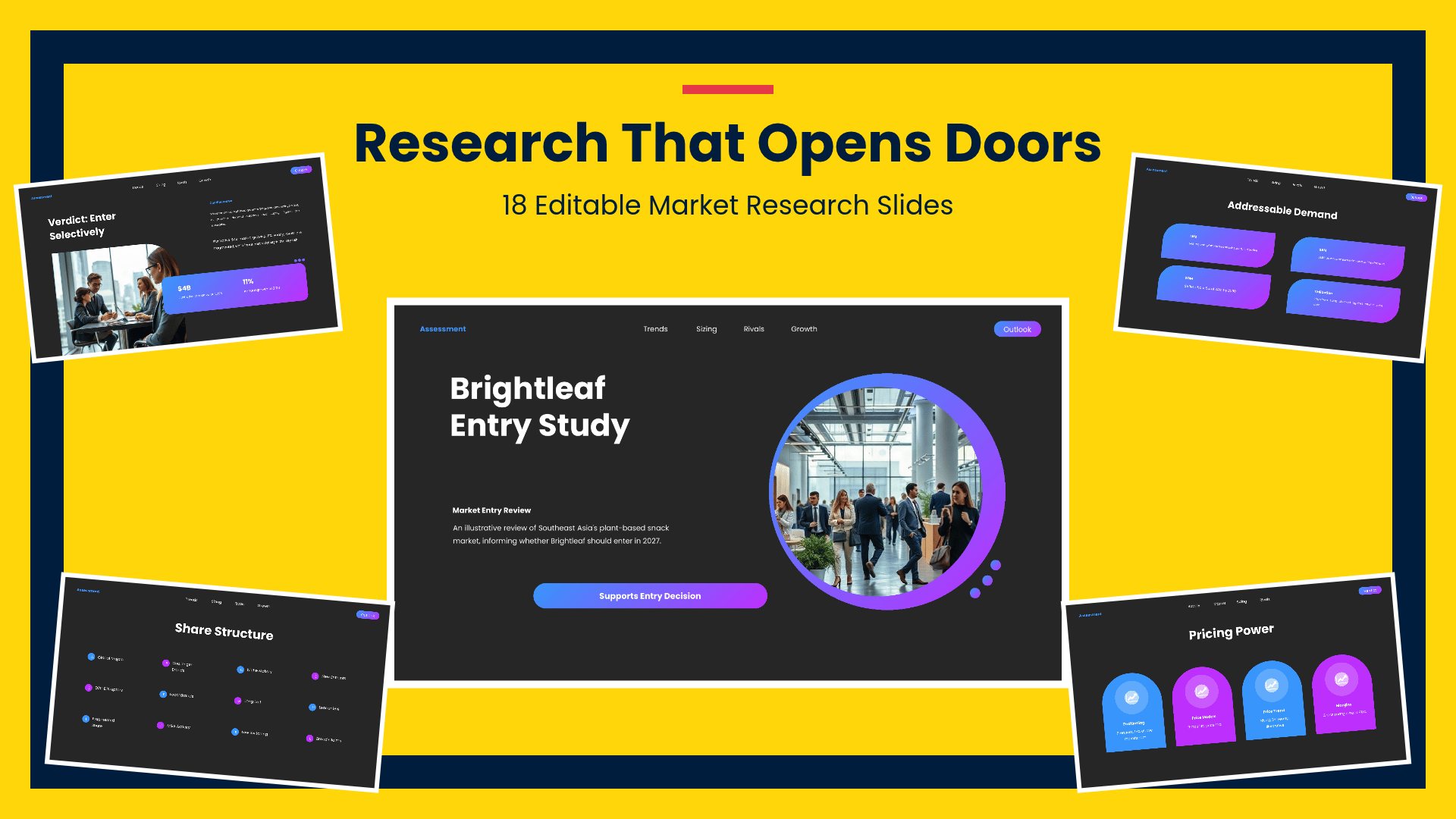 Market Research and Entry Assessment PowerPoint template with 18 editable dark and blue slides for market research and entry assessments by Presentify