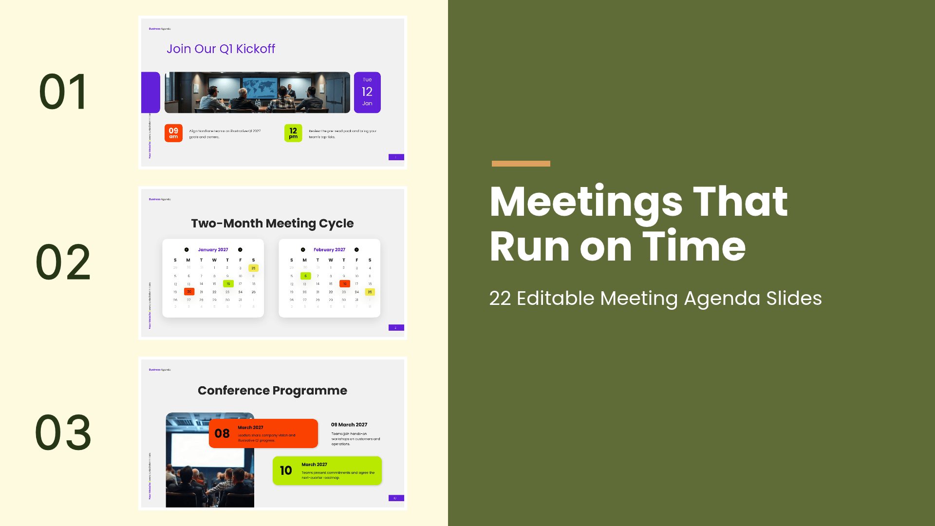 Meeting Agenda PowerPoint template with 22 editable white and purple slides for meeting agendas by Presentify
