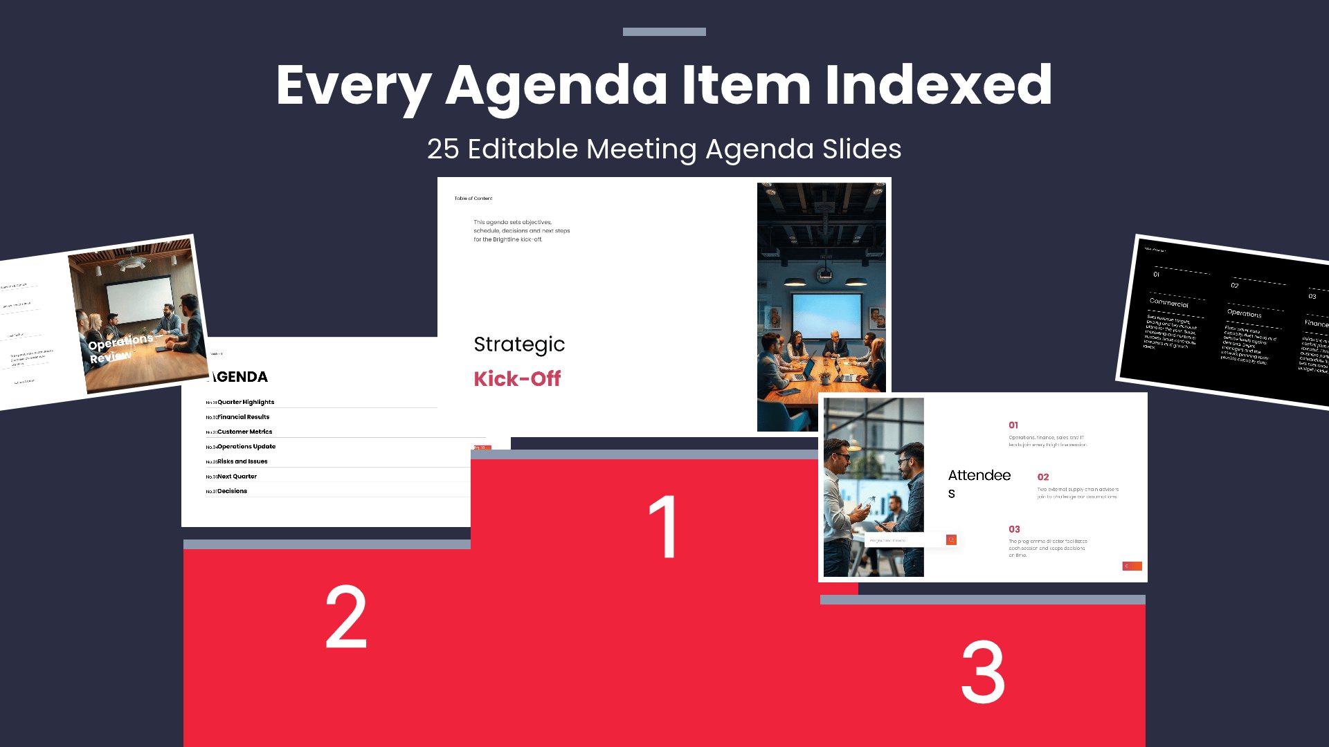 Meeting Agenda & Table of Contents PowerPoint template with 25 editable white and yellow slides for meeting agendas and contents by Presentify