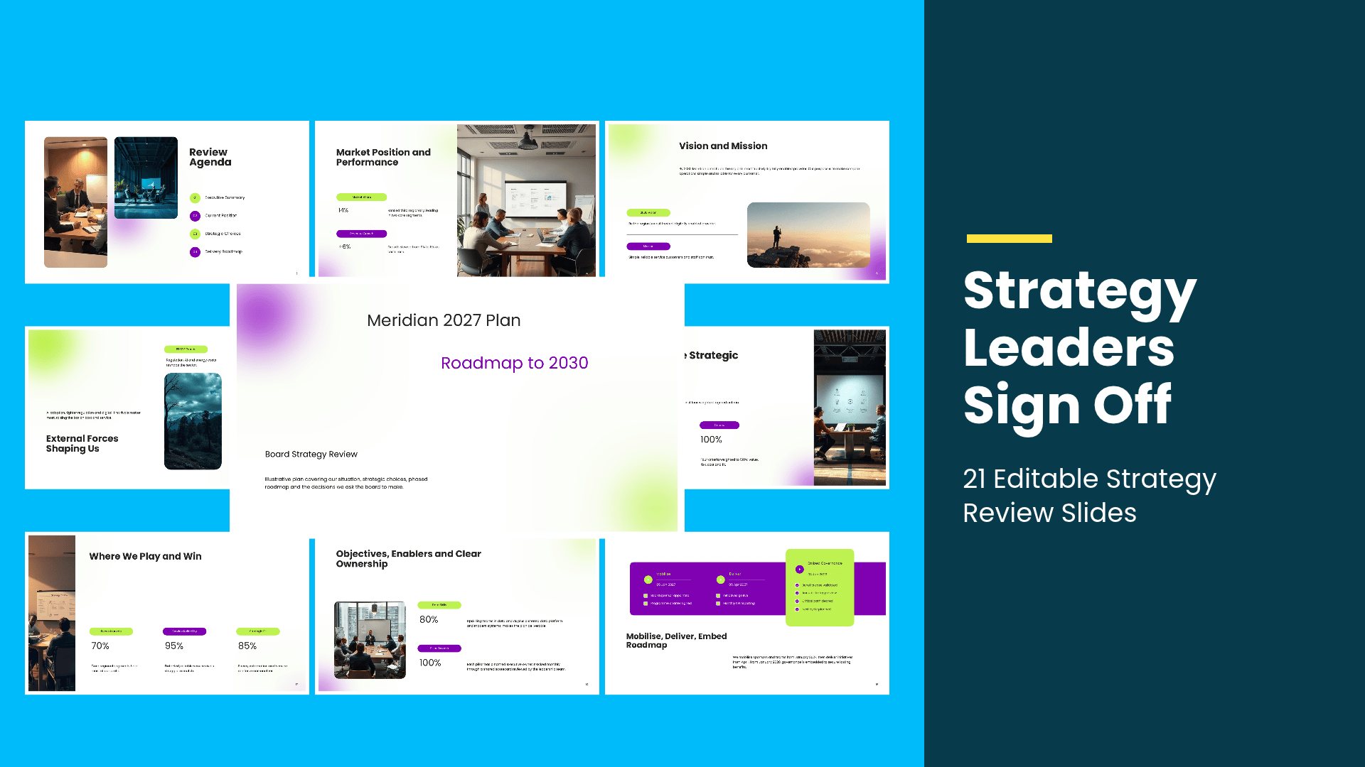 Organisation Strategy Review for Leadership PowerPoint template with 21 editable white and orange slides for leadership strategy reviews by Presentify