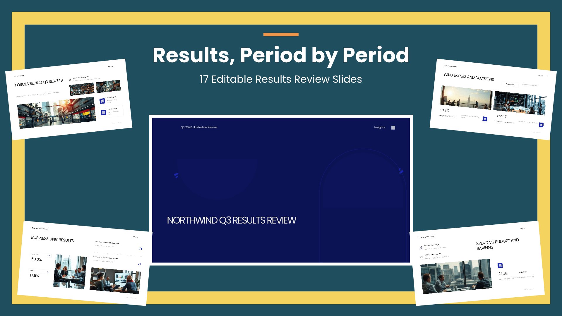 Period Results Review PowerPoint template with 17 editable white and grey slides for period results reviews by Presentify