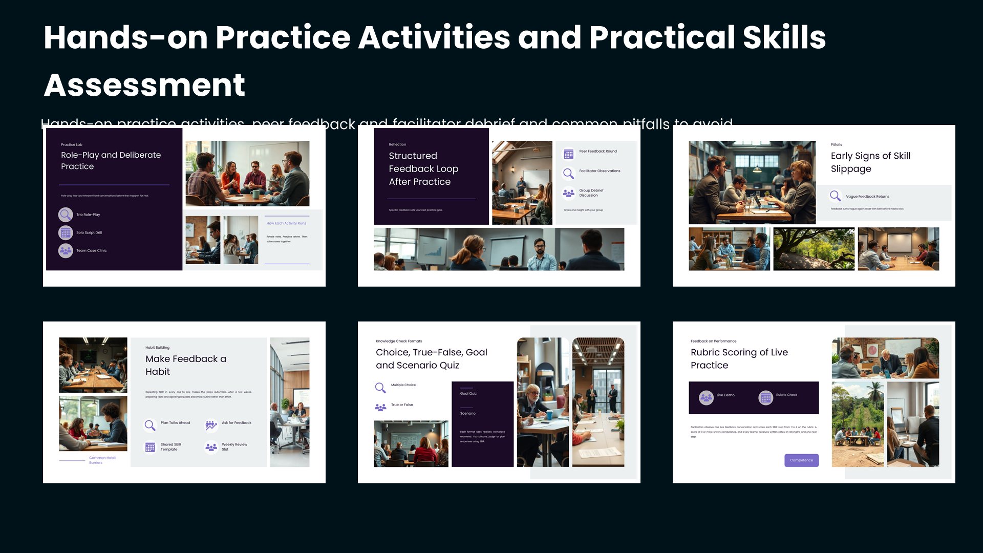 Six training workshop slides covering hands-on practice activities, peer feedback and facilitator debrief and common pitfalls to avoid