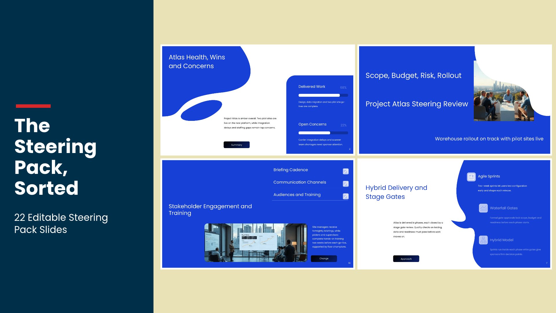 Project Review and Steering Committee Pack PowerPoint template with 22 editable dark and blue slides by Presentify