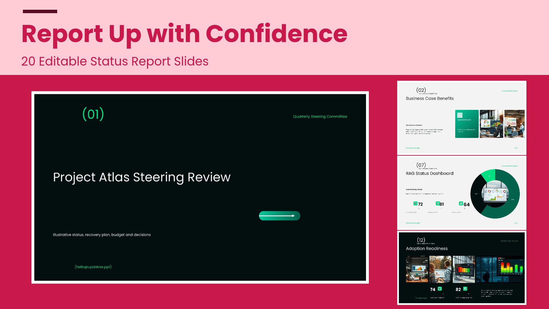 Project Status Report and Steering Committee Update PowerPoint template with 20 editable white and teal slides by Presentify