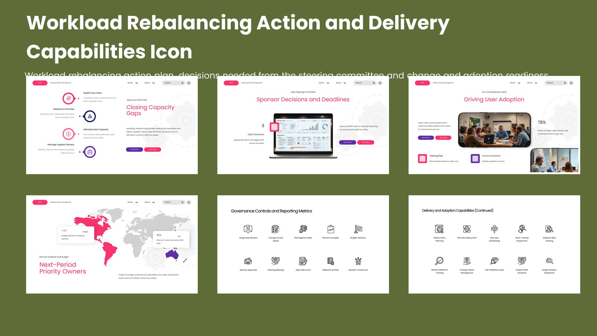Six governance review slides covering workload rebalancing action plan, decisions needed from the steering committee and change and adoption readiness