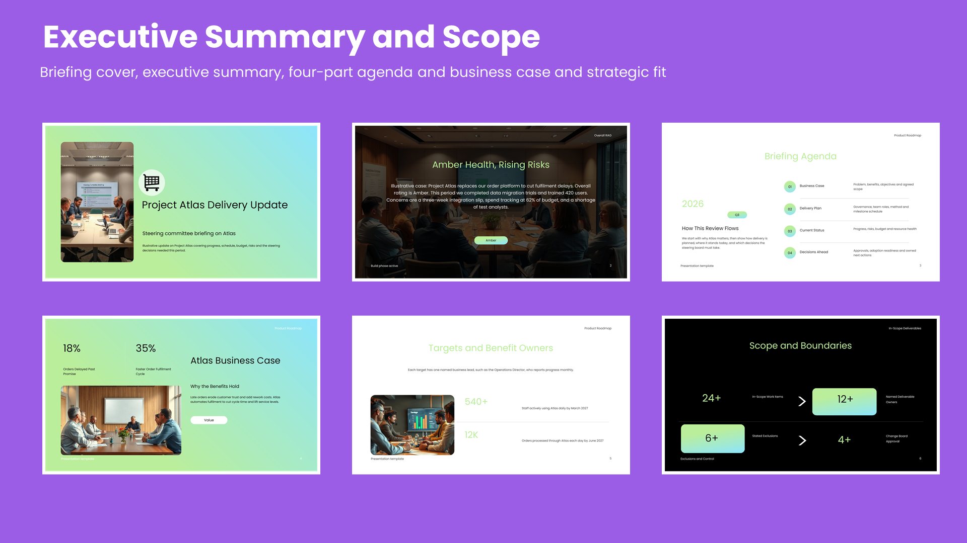 Six status briefing slides covering briefing cover, executive summary, four-part agenda and business case and strategic fit