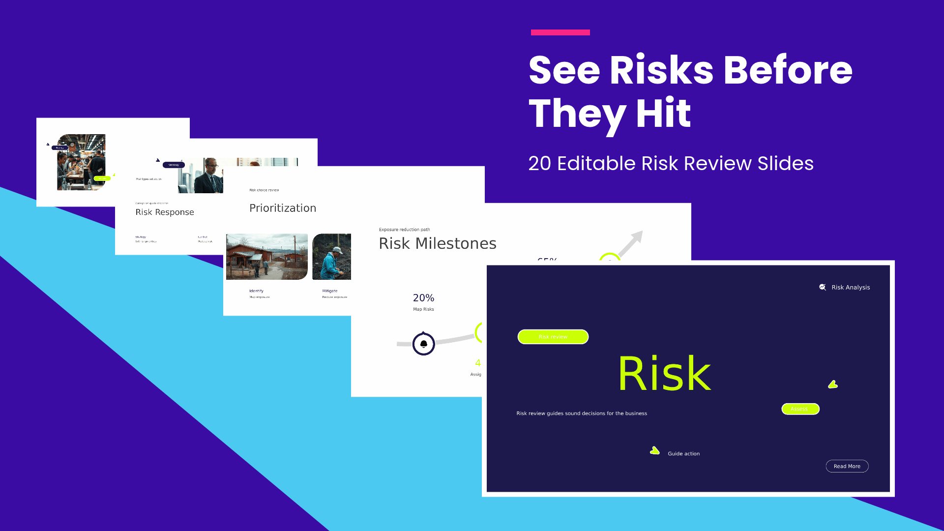 Risk Analysis and Management Review PowerPoint template with 20 editable white and lime slides for risk analysis and management by Presentify