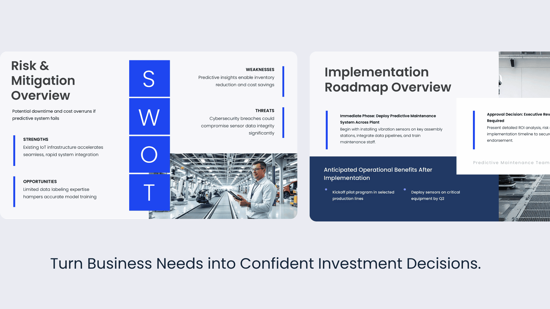 Business case slides outlining key risks, mitigation measures, implementation roadmap, expected benefits, and executive approval requirements.