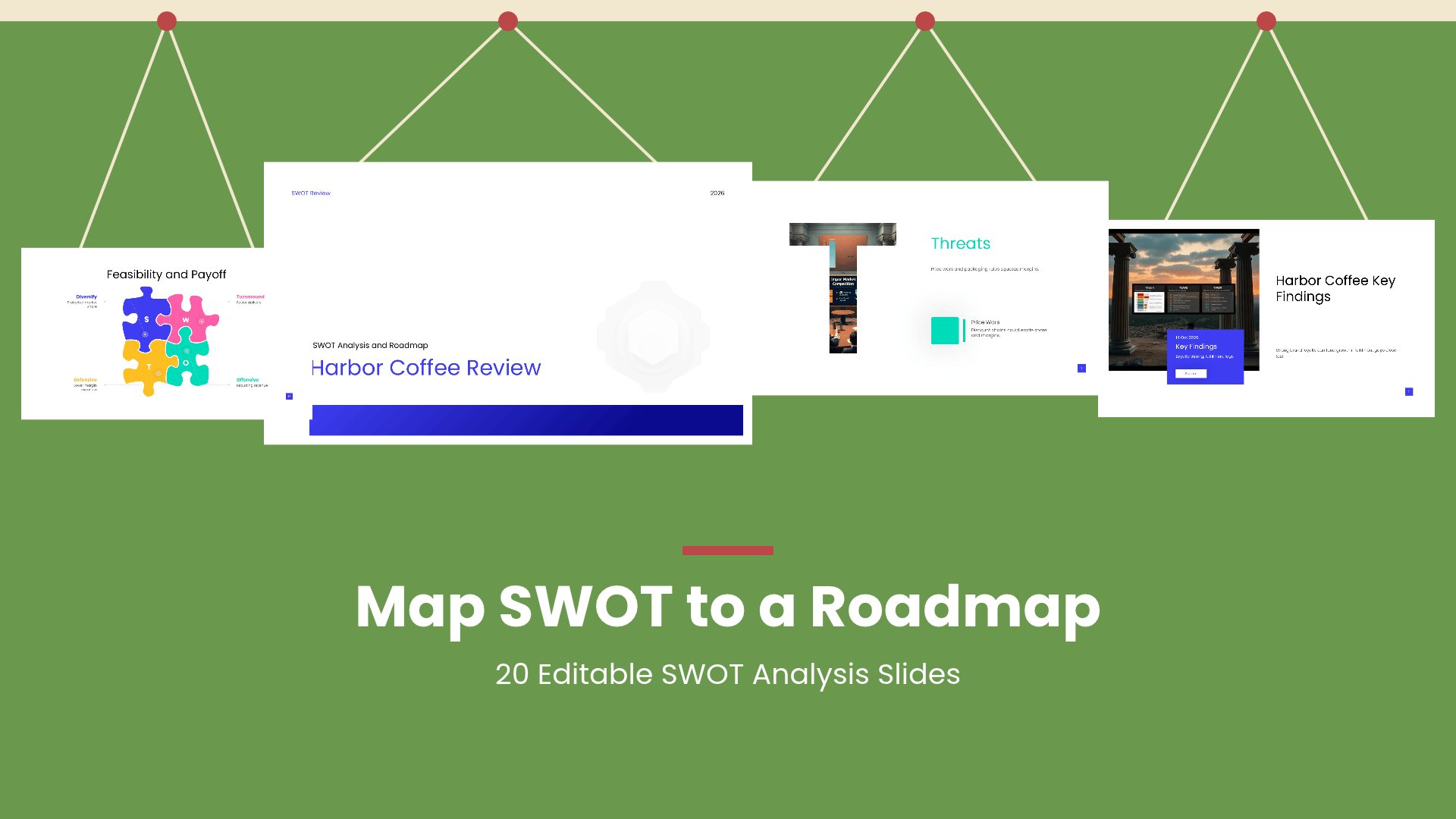 SWOT Analysis and Strategic Roadmap PowerPoint template with 20 editable white and purple slides for SWOT analysis and roadmaps by Presentify