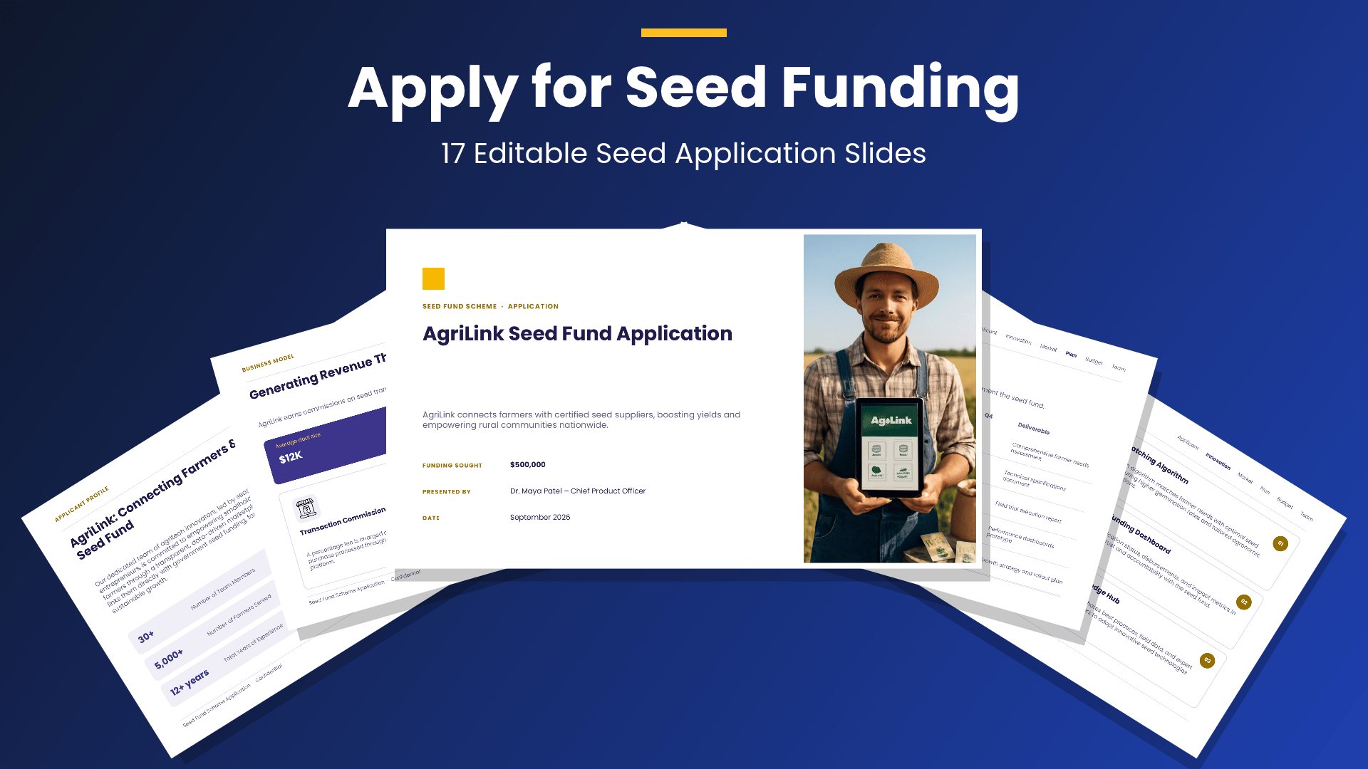 Seed Fund Scheme Application Deck PowerPoint template with 17 editable white and purple slides for seed fund scheme applications by Presentify