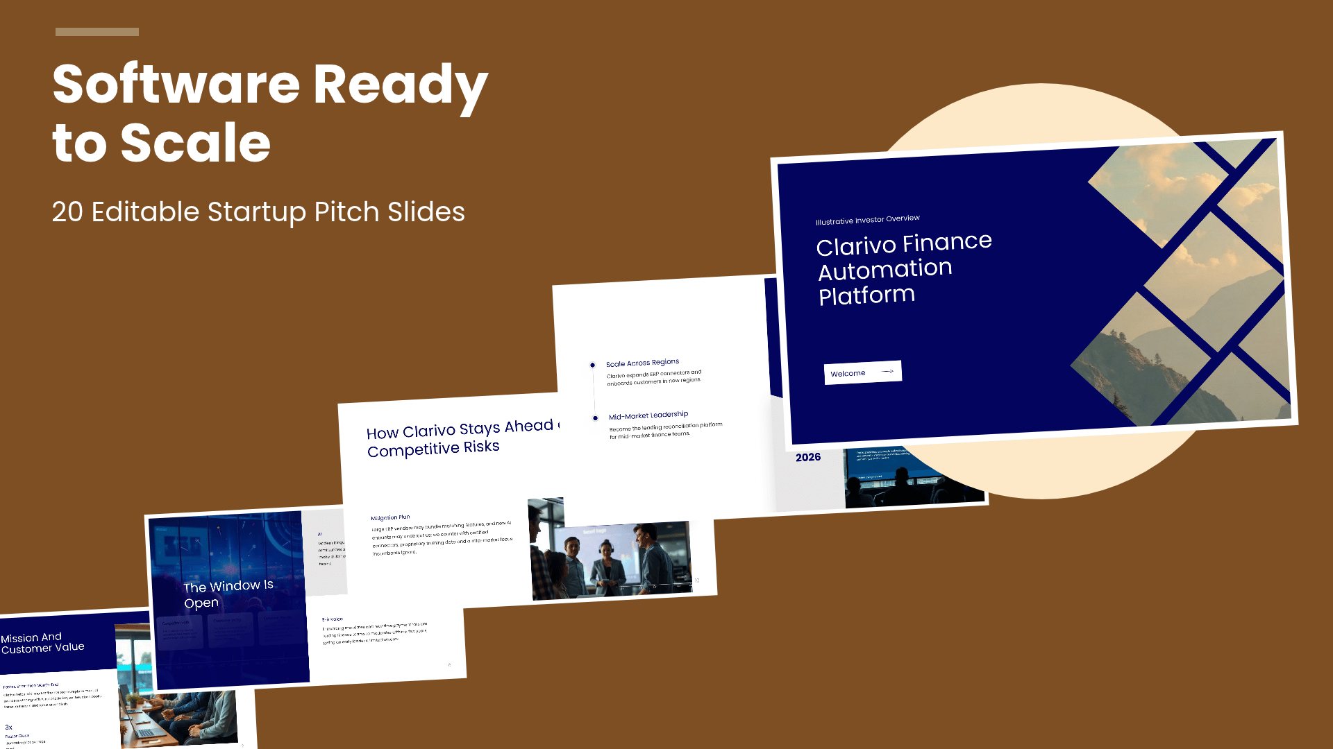 Software Startup Pitch Deck PowerPoint template with 20 editable white and blue slides for software startup pitches by Presentify