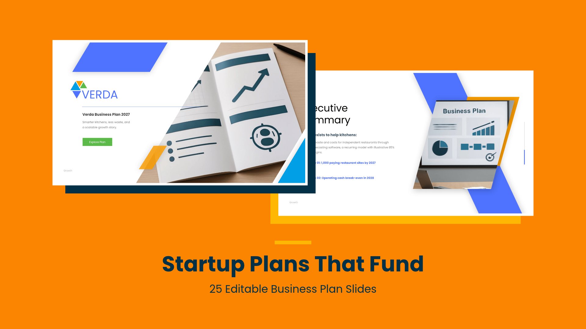 Startup Business Plan PowerPoint template with 25 editable white and blue slides for startup business plans by Presentify