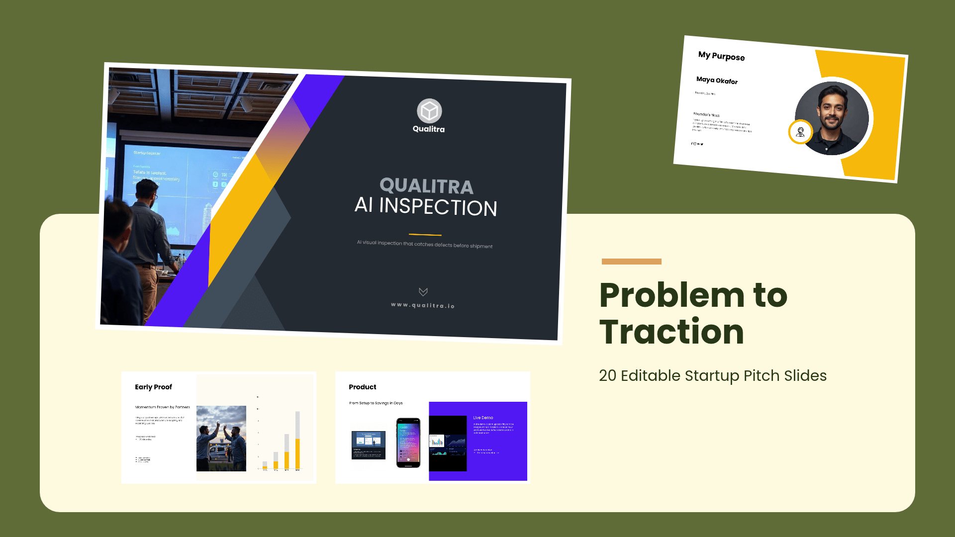 Startup Pitch Deck – Problem to Traction PowerPoint template with 20 editable white and purple slides for startup pitch decks by Presentify