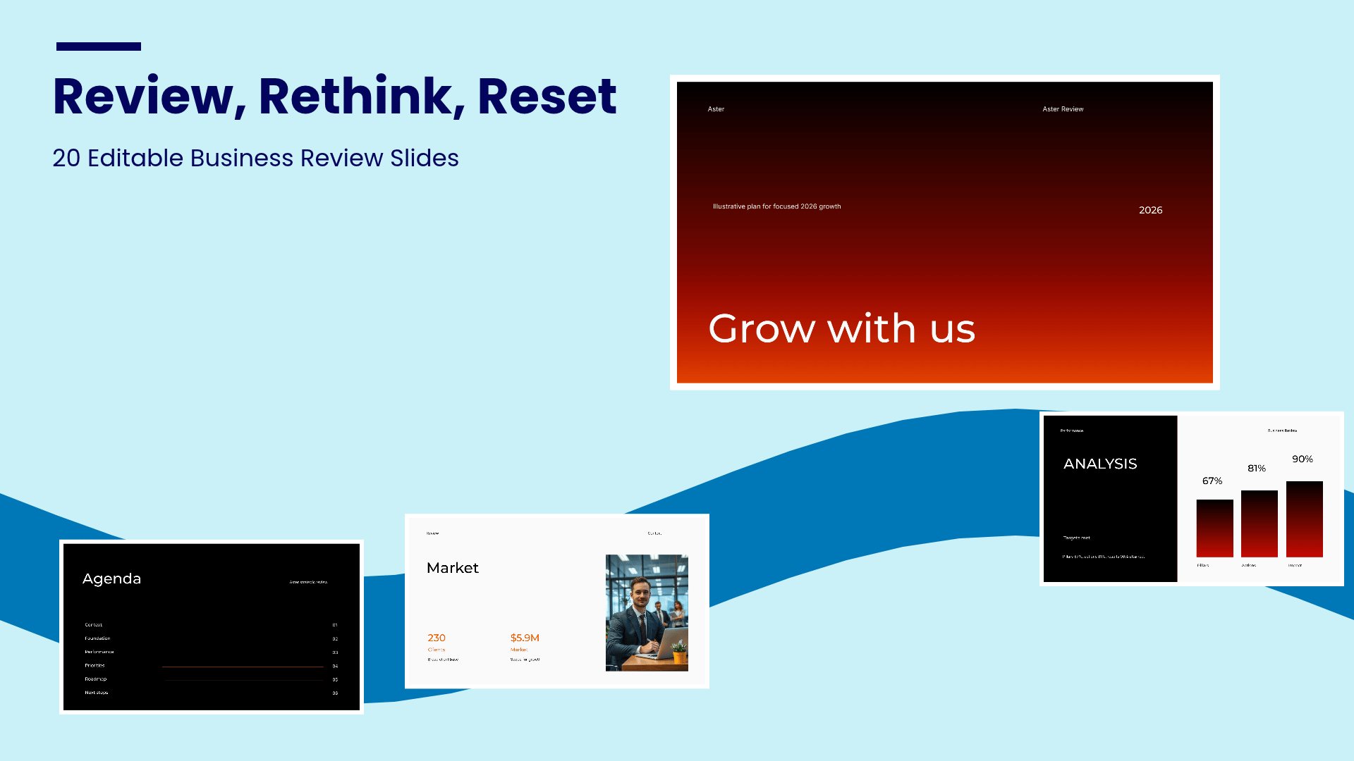 Strategic Business Review PowerPoint template with 20 editable dark and orange slides for strategic business reviews by Presentify