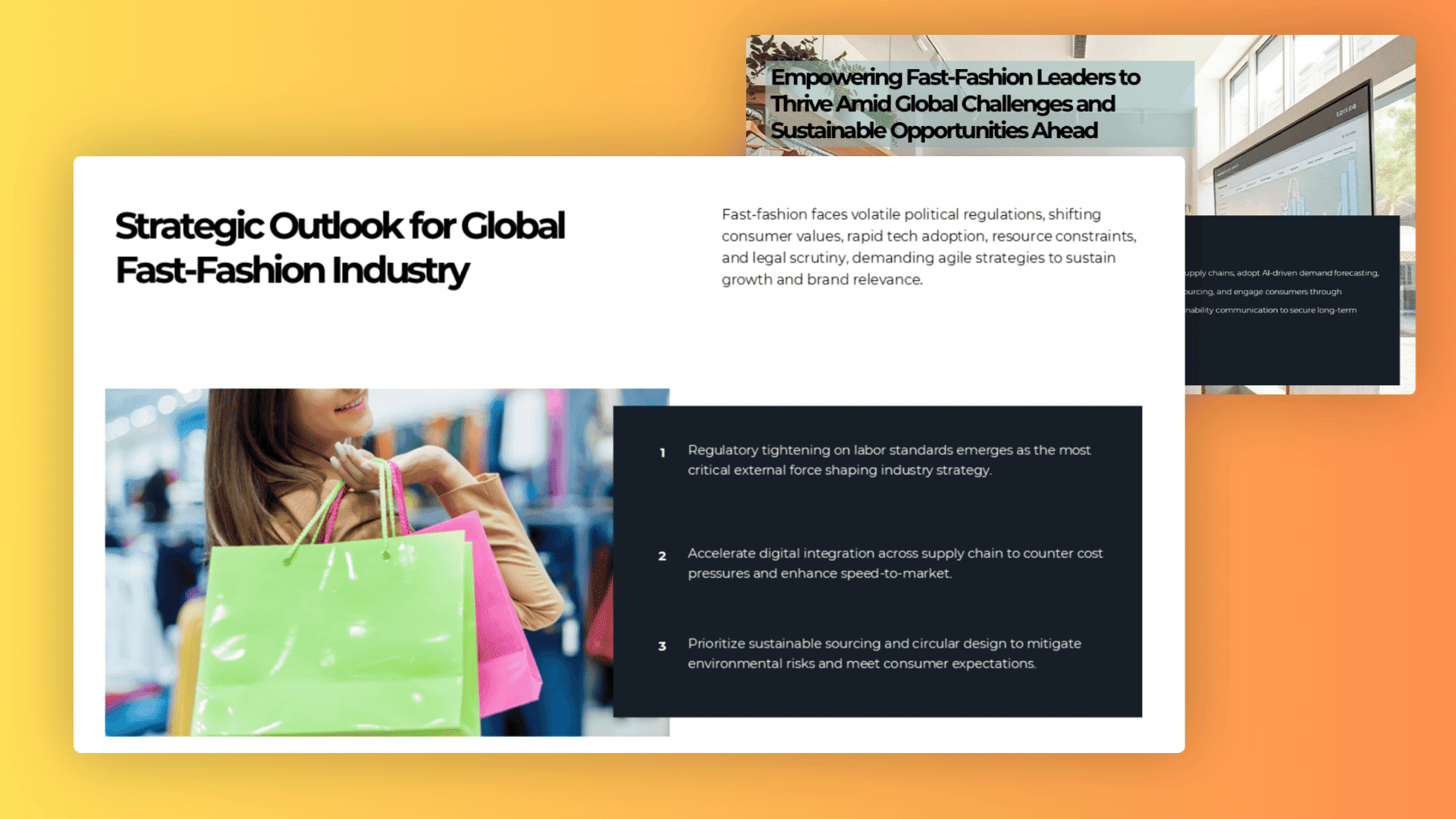 Strategic outlook slide summarizing key PESTEL findings and future priorities for the fast-fashion industry.