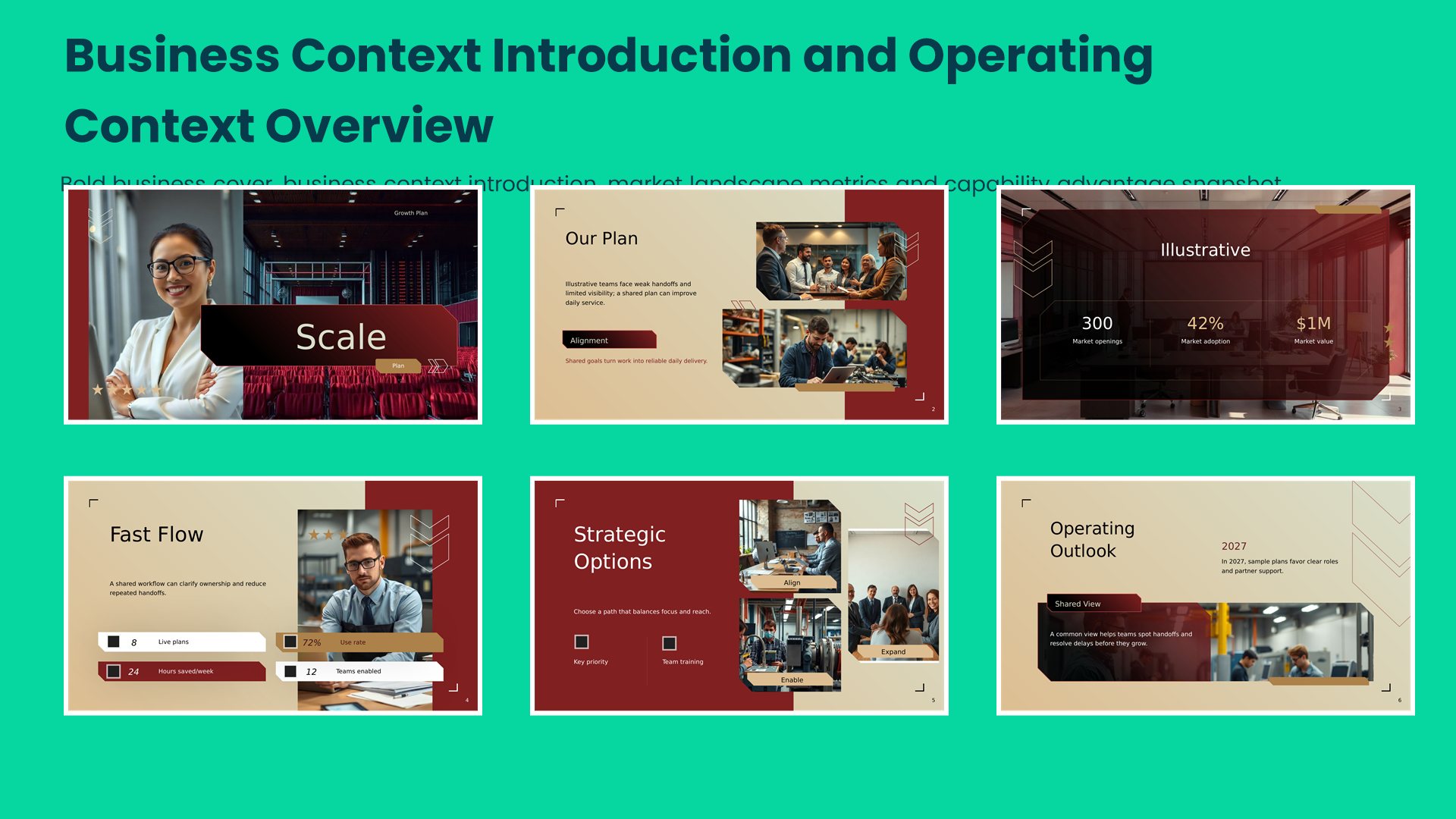 Six operations strategy slides covering bold business cover, business context introduction, market landscape metrics and capability advantage snapshot
