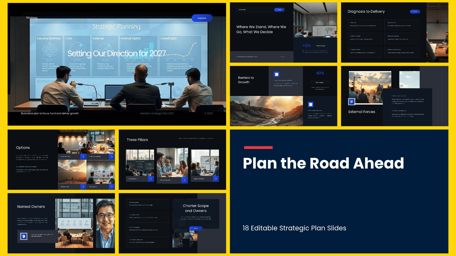 Strategic Plan and Roadmap PowerPoint template with 18 editable dark and blue slides for strategic plans and roadmaps by Presentify
