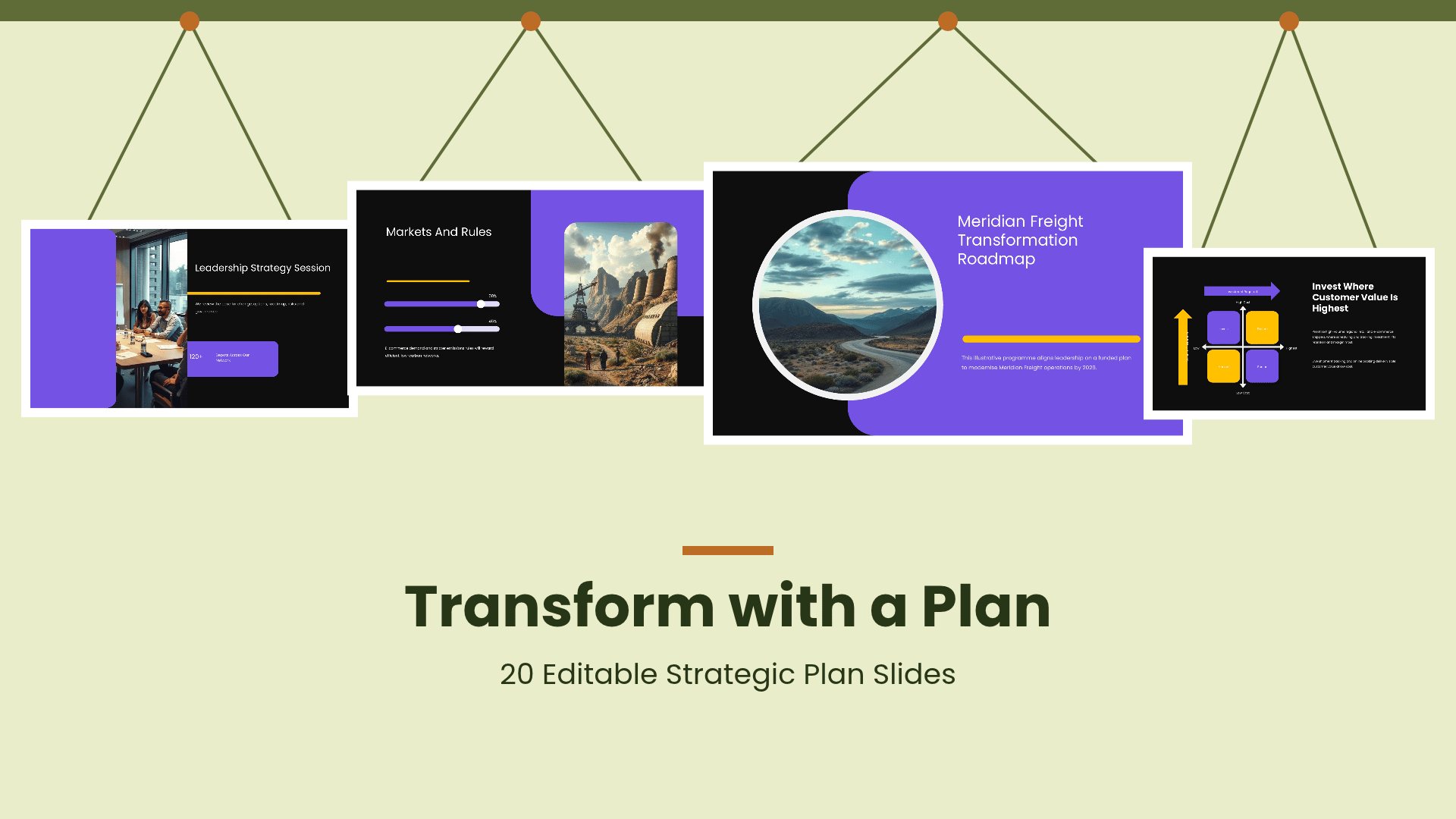 Strategic Plan and Transformation Roadmap PowerPoint template with 20 editable dark and purple slides for strategic transformation plans by Presentify